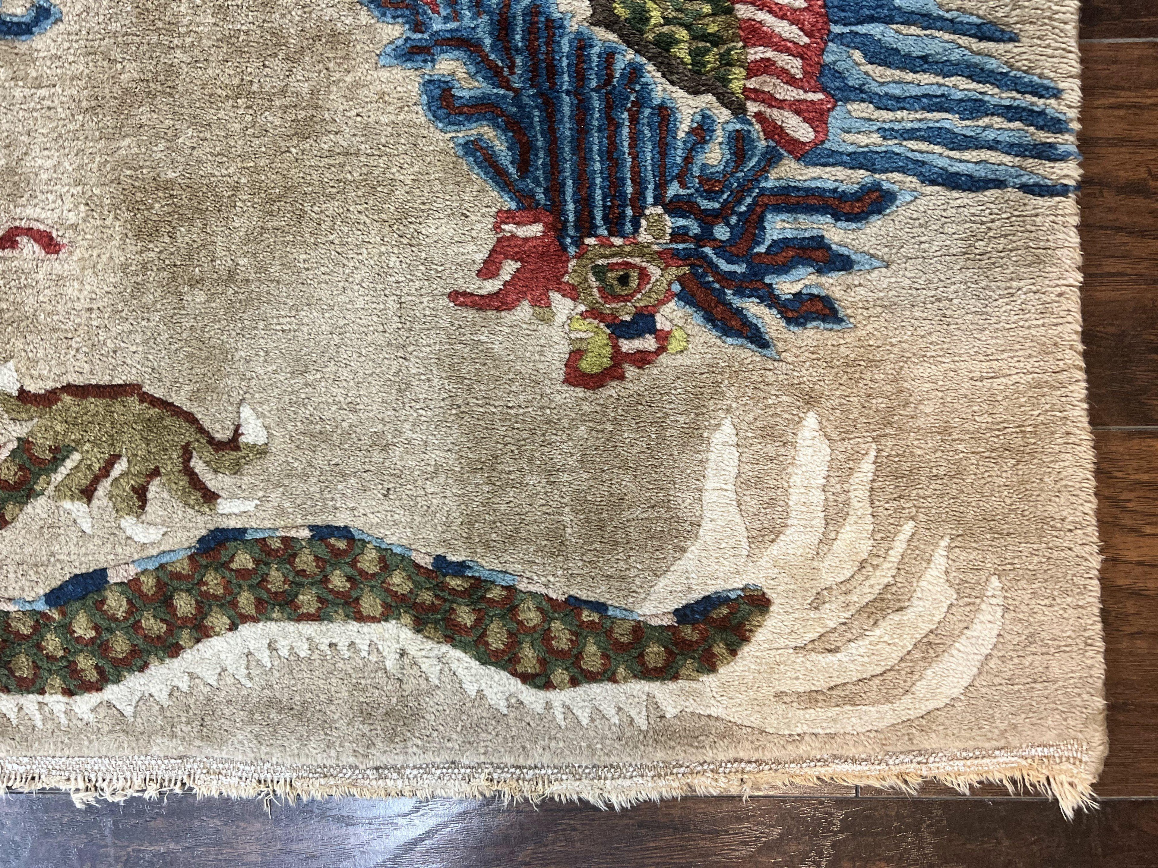 Antique Chinese Peking Rug 3 x 5.6, Dragon Motifs, Handmade Wool Asian Oriental Carpet