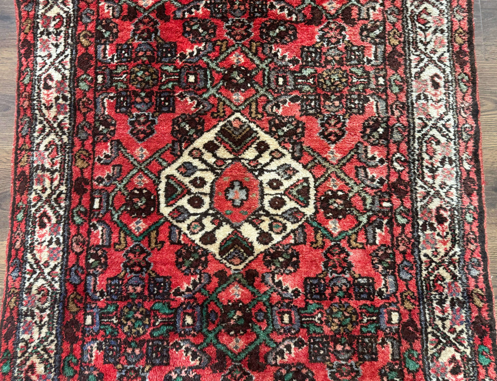 Persian Runner Rug 3x10, Wool Hand Knotted Hallway Rug 3 x 10 ft, Red and Ivory, Hamadan Angelas Runner