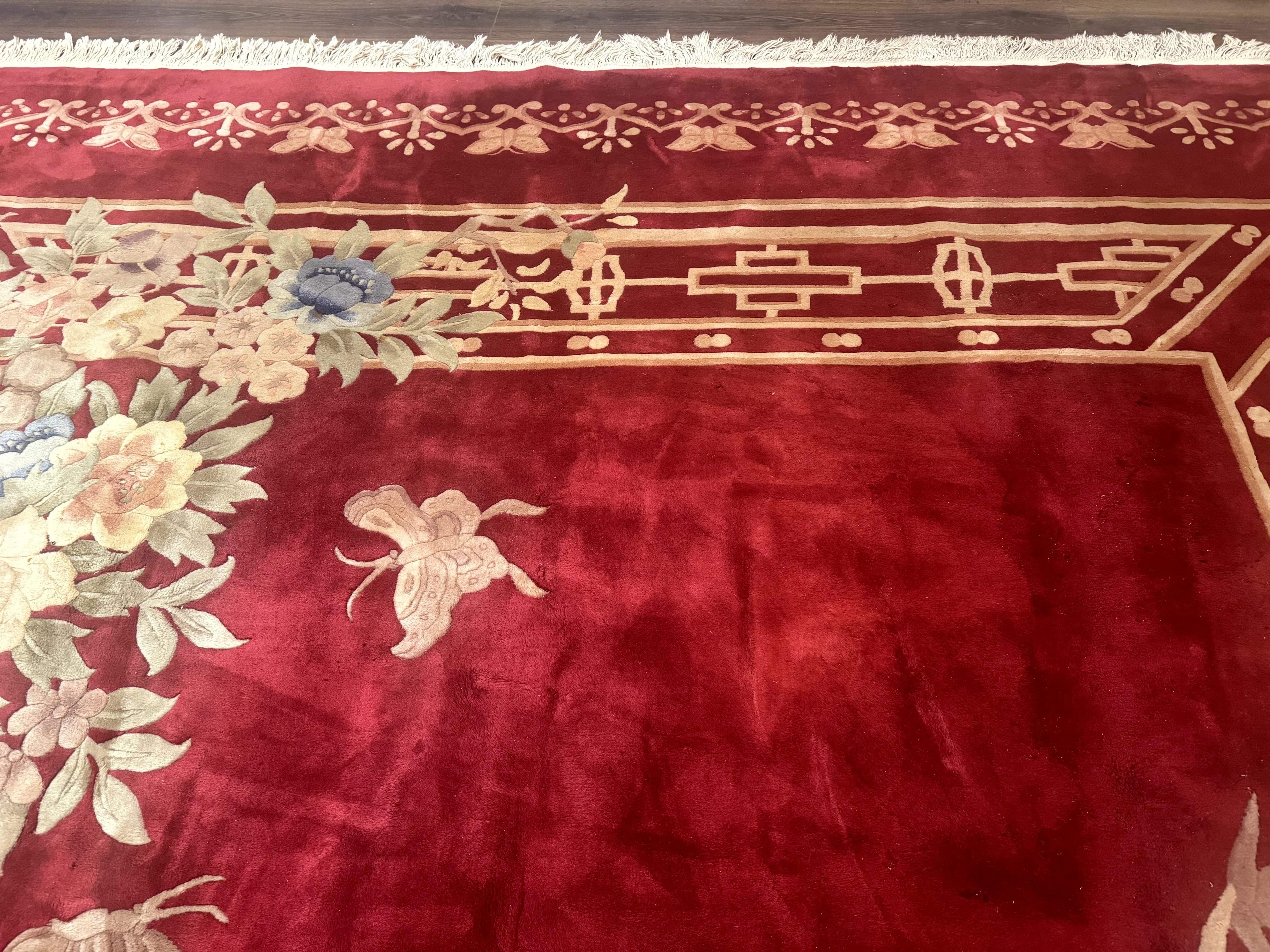 Palace Size Chinese Wool Rug 12x18, Red Art Deco Chinese Carving Carpet, Butterflies Flowers