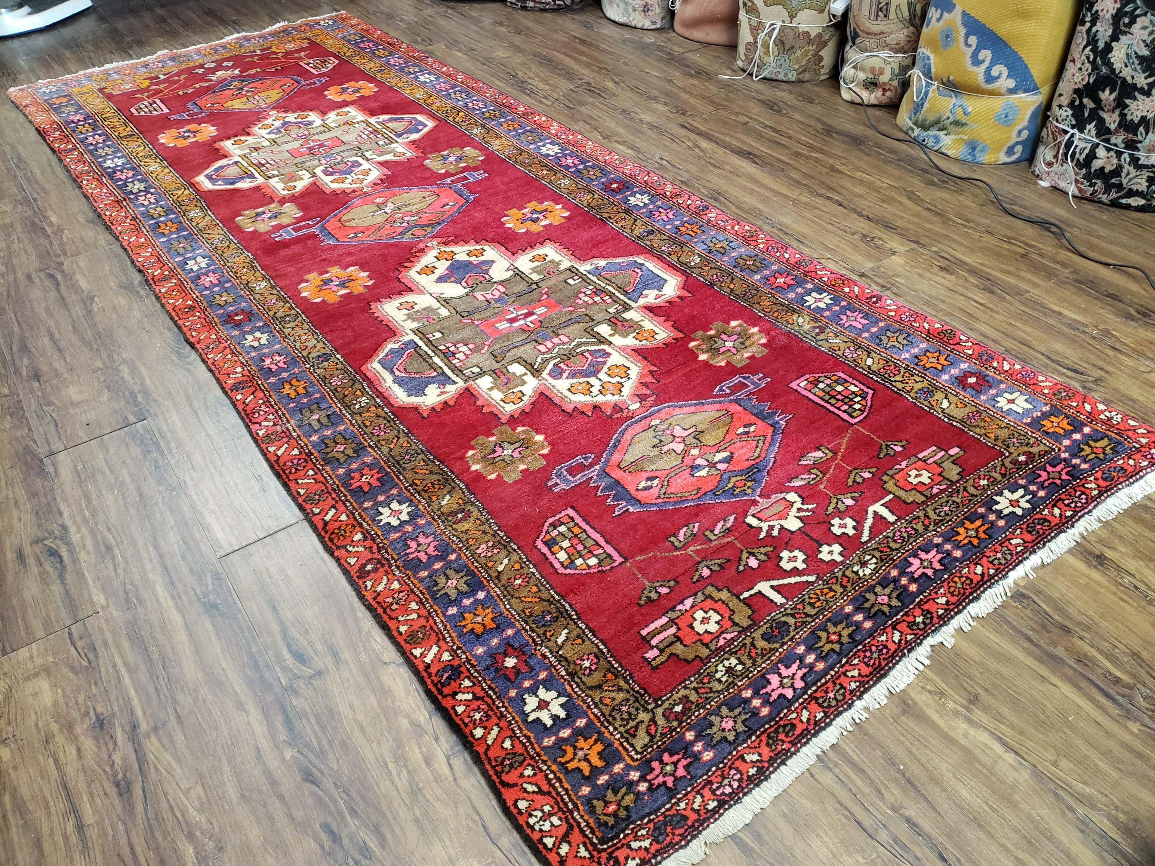 Antique Persian Karajeh Runner Rug 4.4 x 11 ft, Red Colorful Geometric Medallion Runner