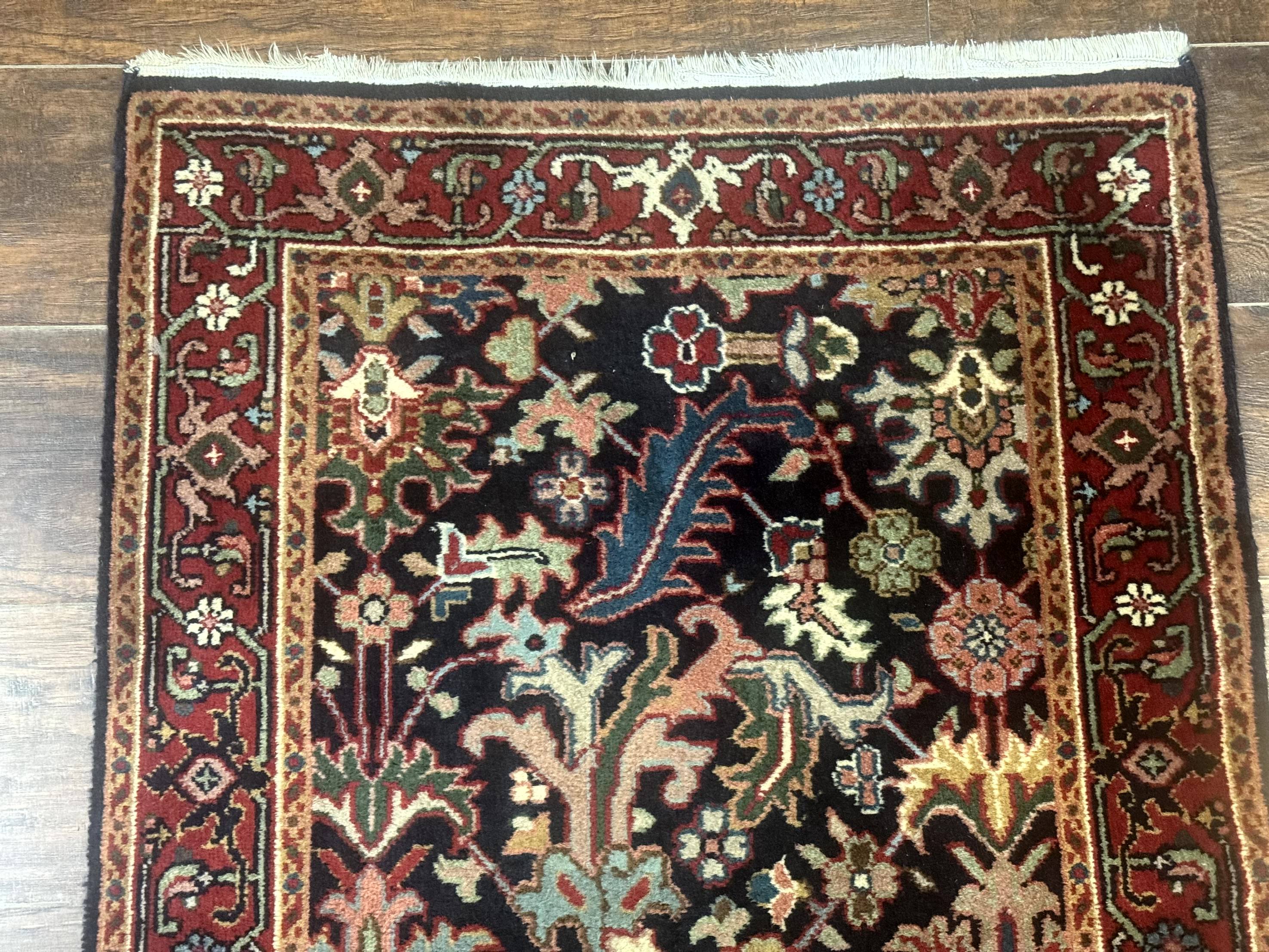Indo Persian Runner Rug 2.7 x 13, Navy Blue and Red, Allover Floral, Wool, 13ft Runner
