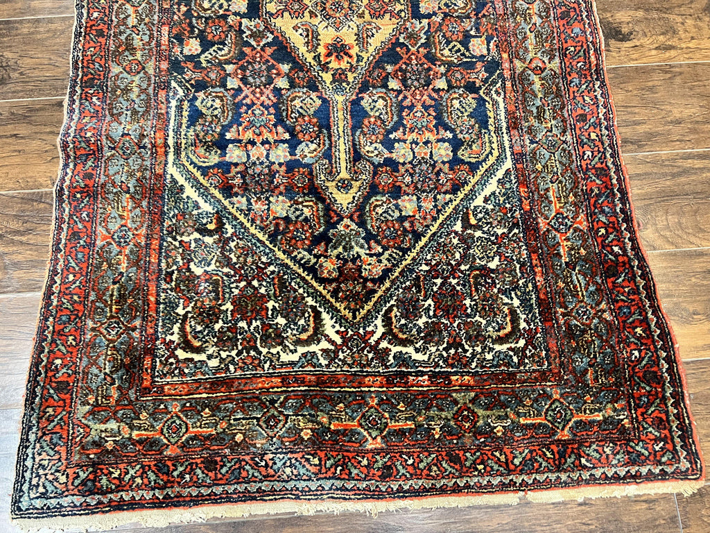 Antique Persian Runner Rug 3.7 x 15.8, Navy Blue Multicolor, Hand Knotted Handmade Wool Rug for Hallway, Geometric Medallions, Persian Hamadan Rug
