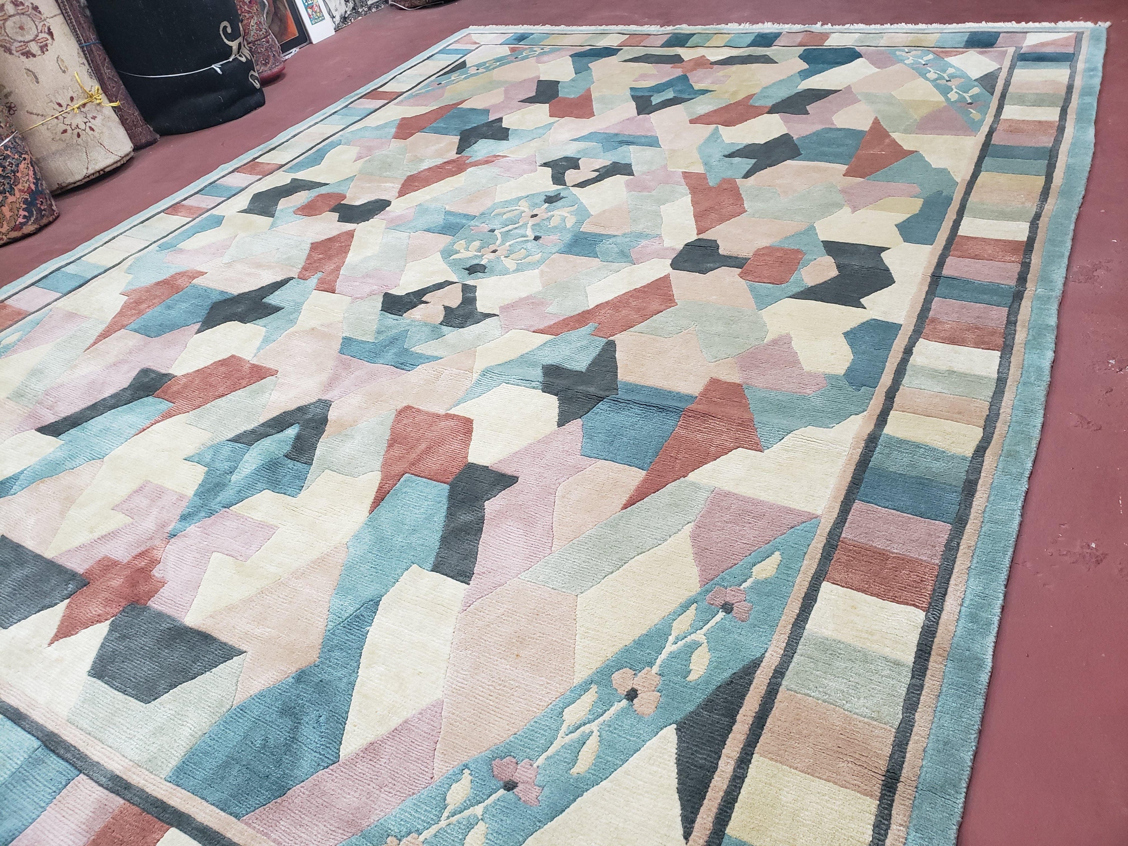 Contemporary Indian Nepalese Area Rug 8x11, Wool Hand-Knotted Modern Multicolor Nepali Abstract Carpet 8 x 11 Soft Playroom Nursery Room Rug