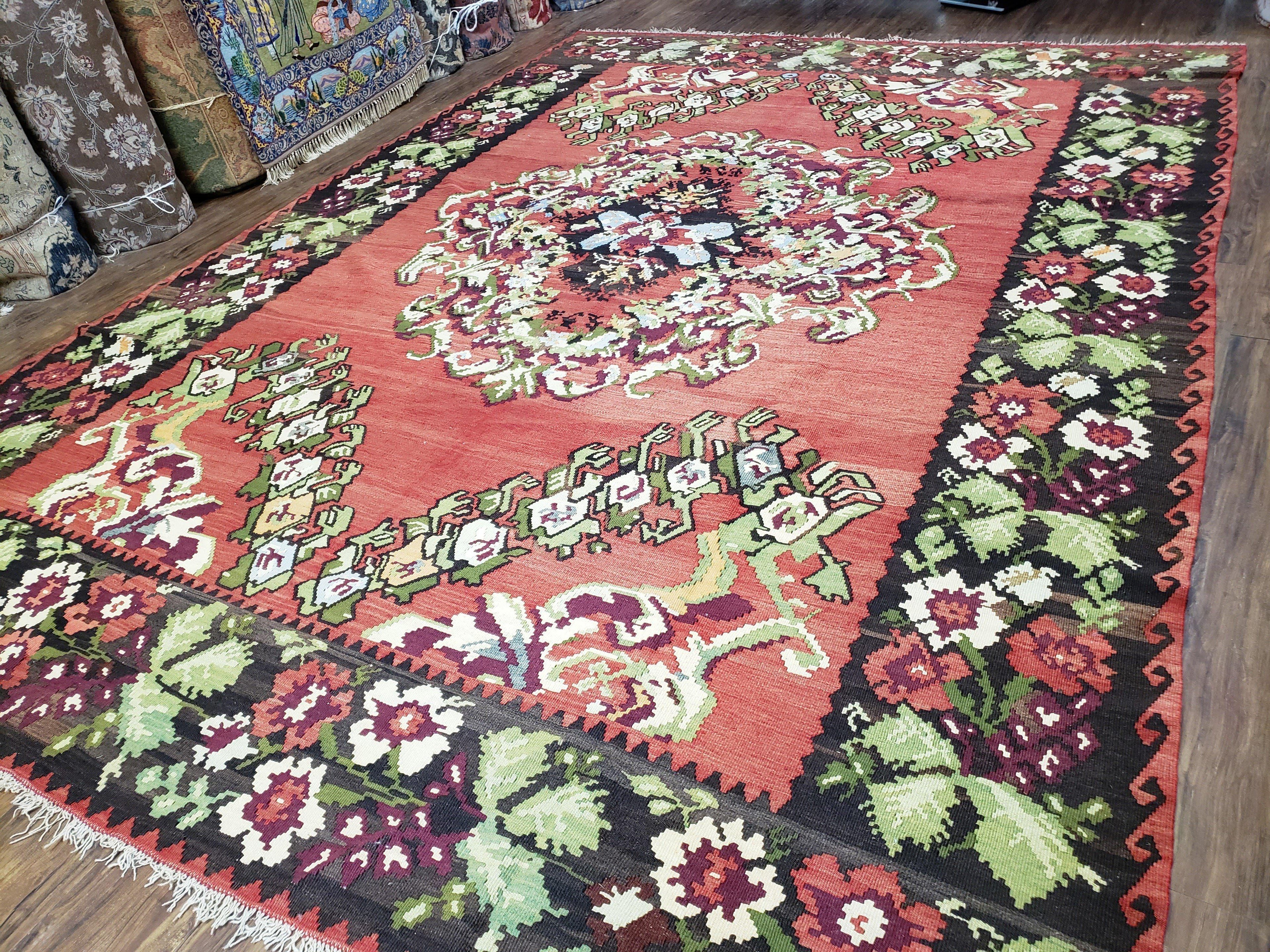 Karabakh Rug 8x11, Caucasian Kilim Rug, Vintage Antique Turkish Anatolian Azerbaijani Carpet, Wool Red & Black Hand-Woven 8 x 11 Living Room