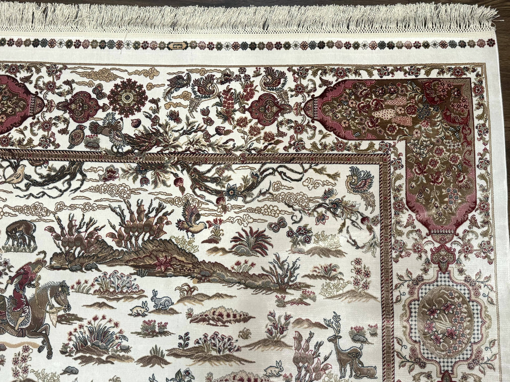 Turkish Silk Rug 5x8, Ivory, Hunting Design, Animal Pictorials, Bamboo Silk