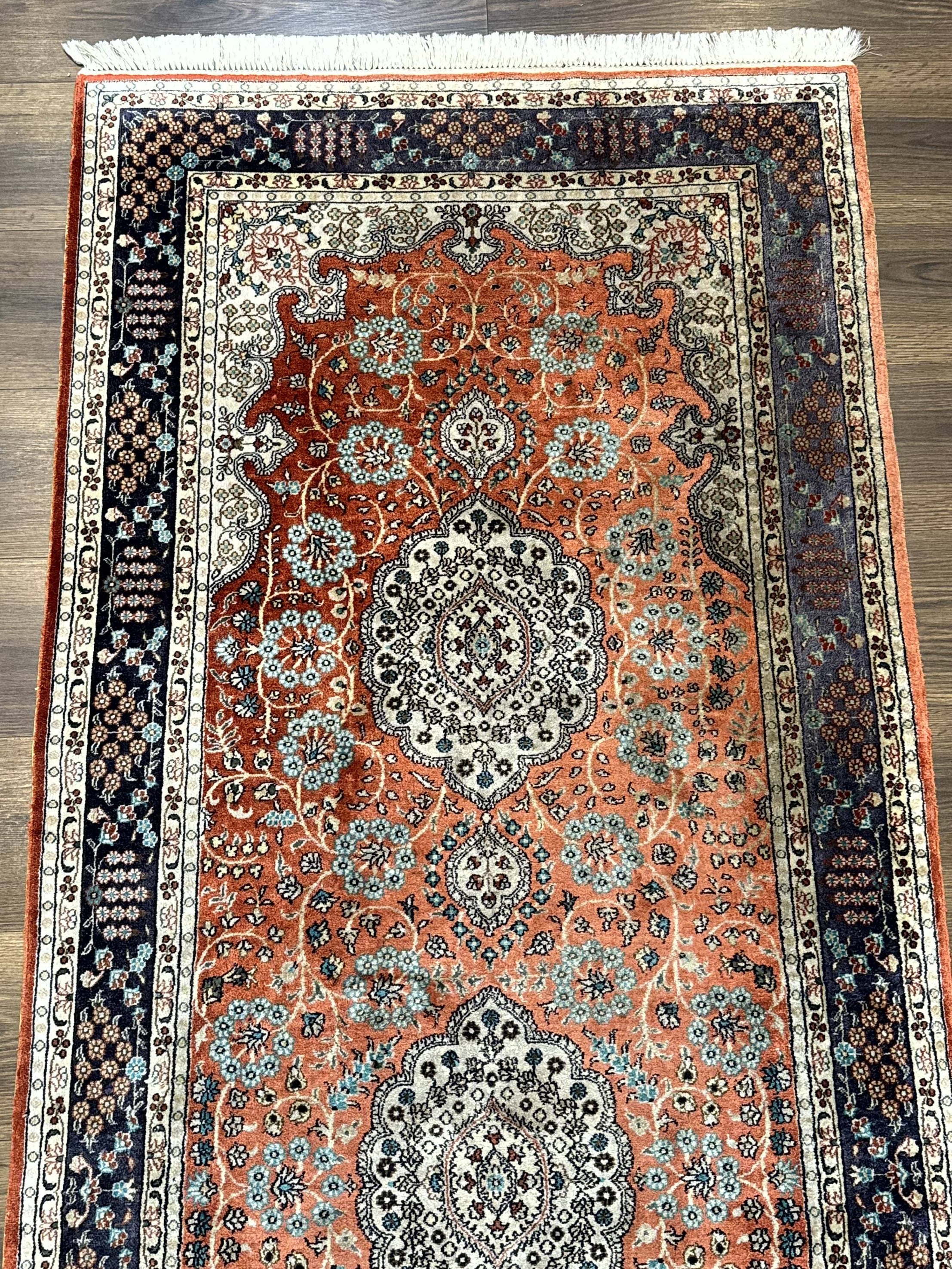 Turkish Silk Runner Rug 3x8, Short Runner Rug, Red, Floral Medallions, Very Fine 360 KPSI, 3 x 8 Runner