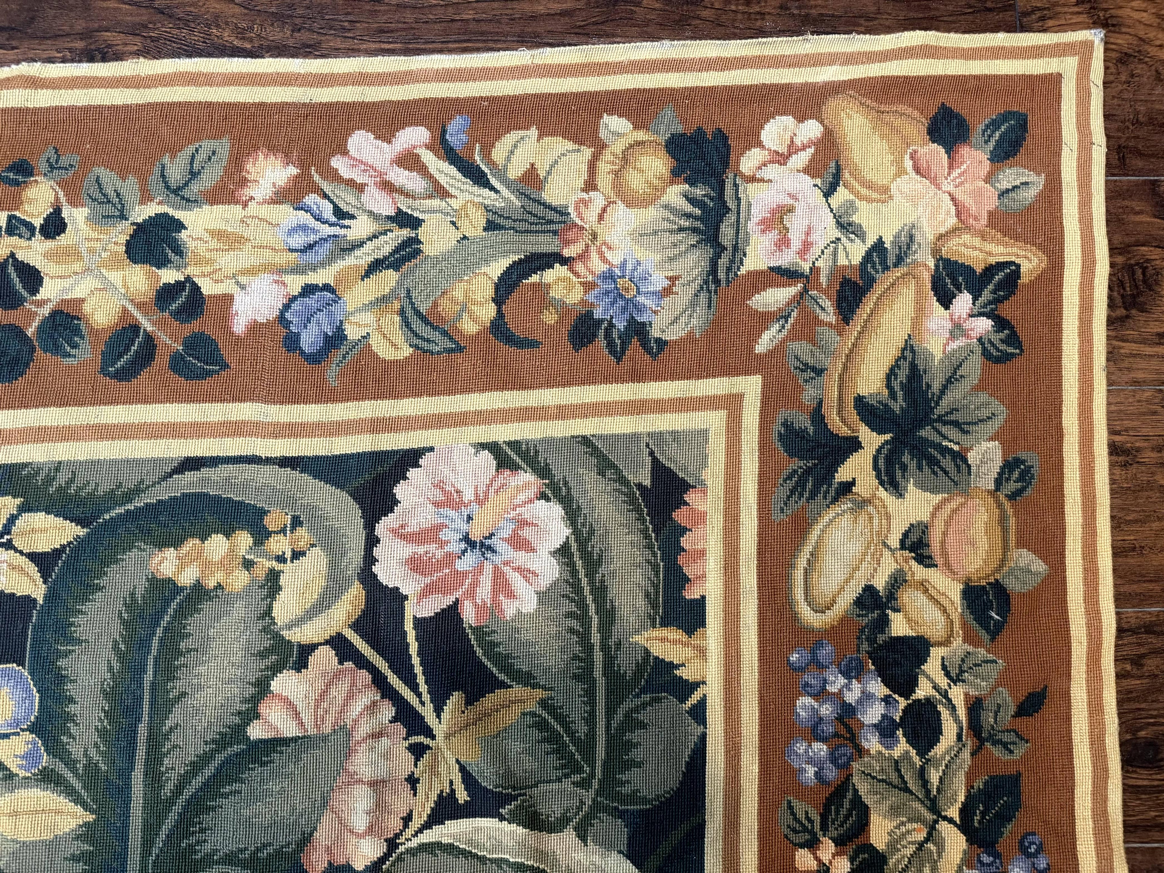 Needlepoint Rug 8x10, Vintage, Handmade, Wool, Green, Leaves & Fruits