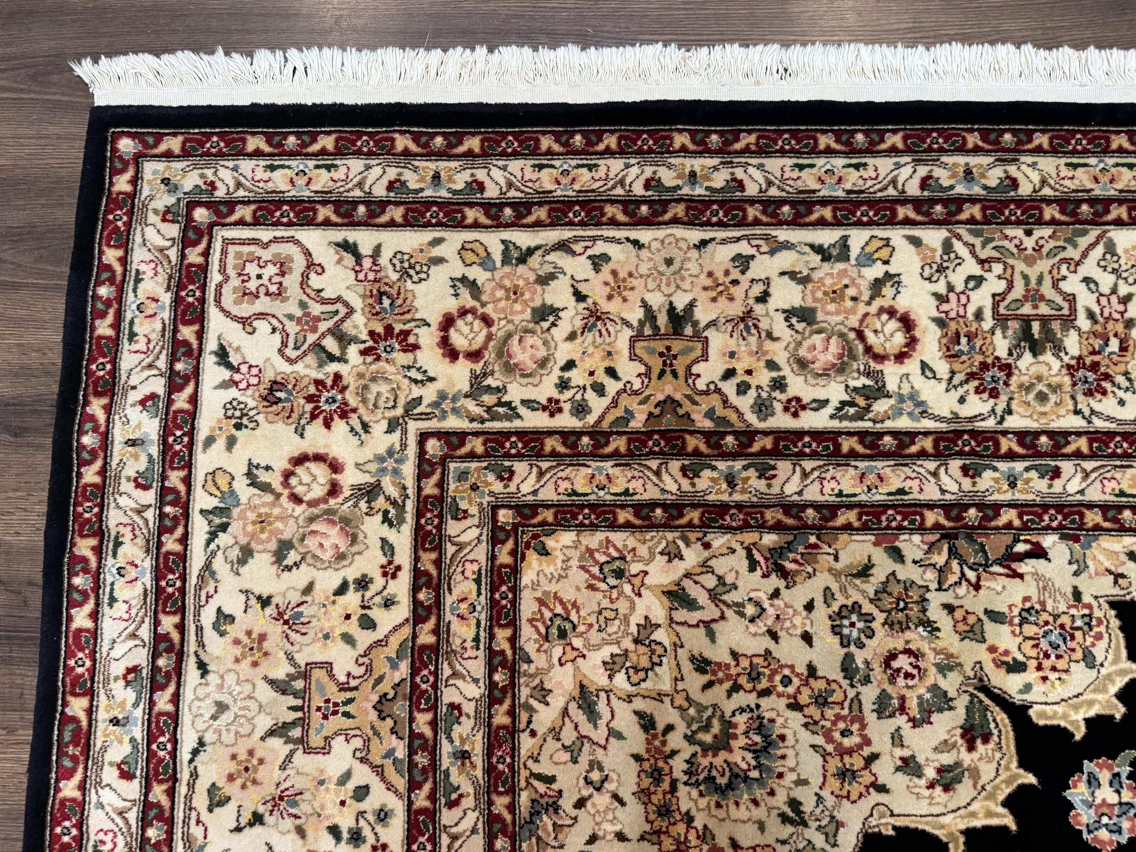 Sino Persian Rug 9x12, Black and Beige, Floral Medallion, Wool & Silk, Handmade
