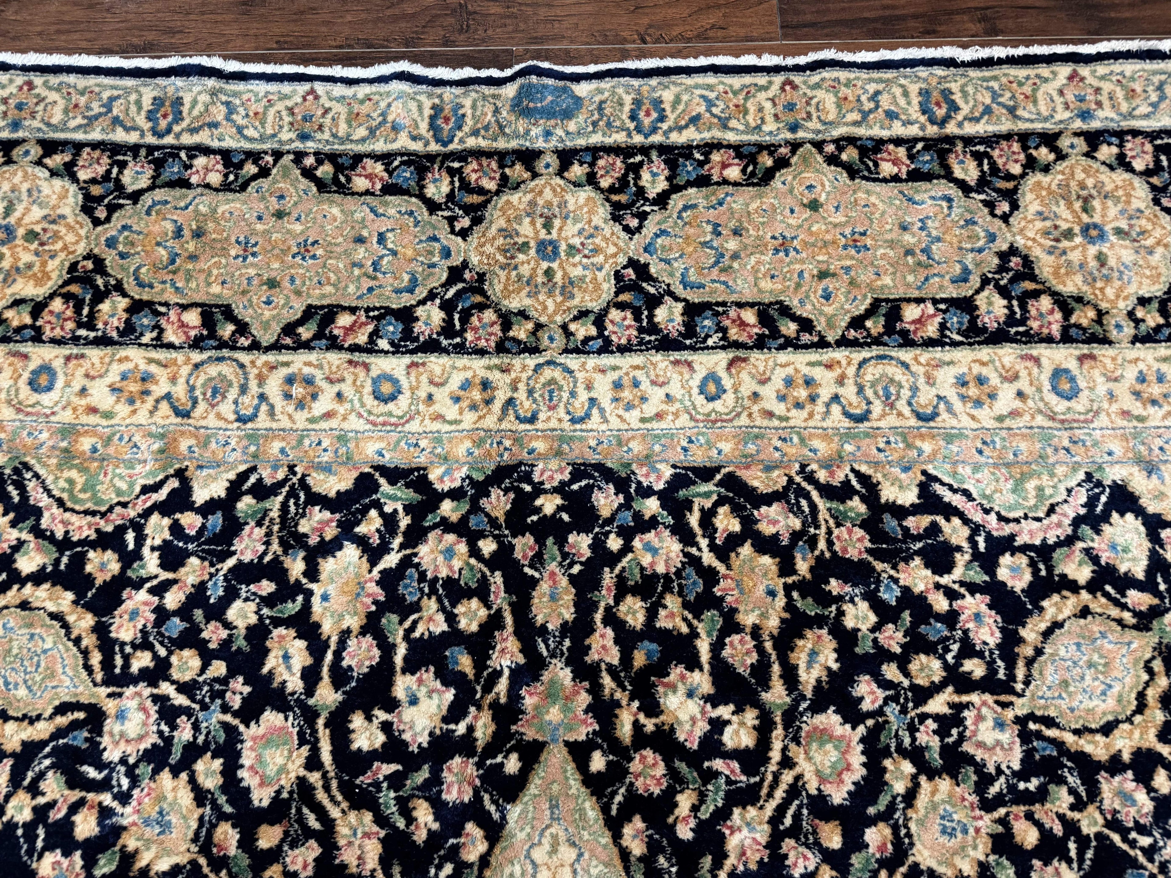 Large Persian Kerman Rug 10x14, Navy Blue and Beige, Floral Medallion, Traditional Elegant Persian Carpet, Signed by Masterweaver
