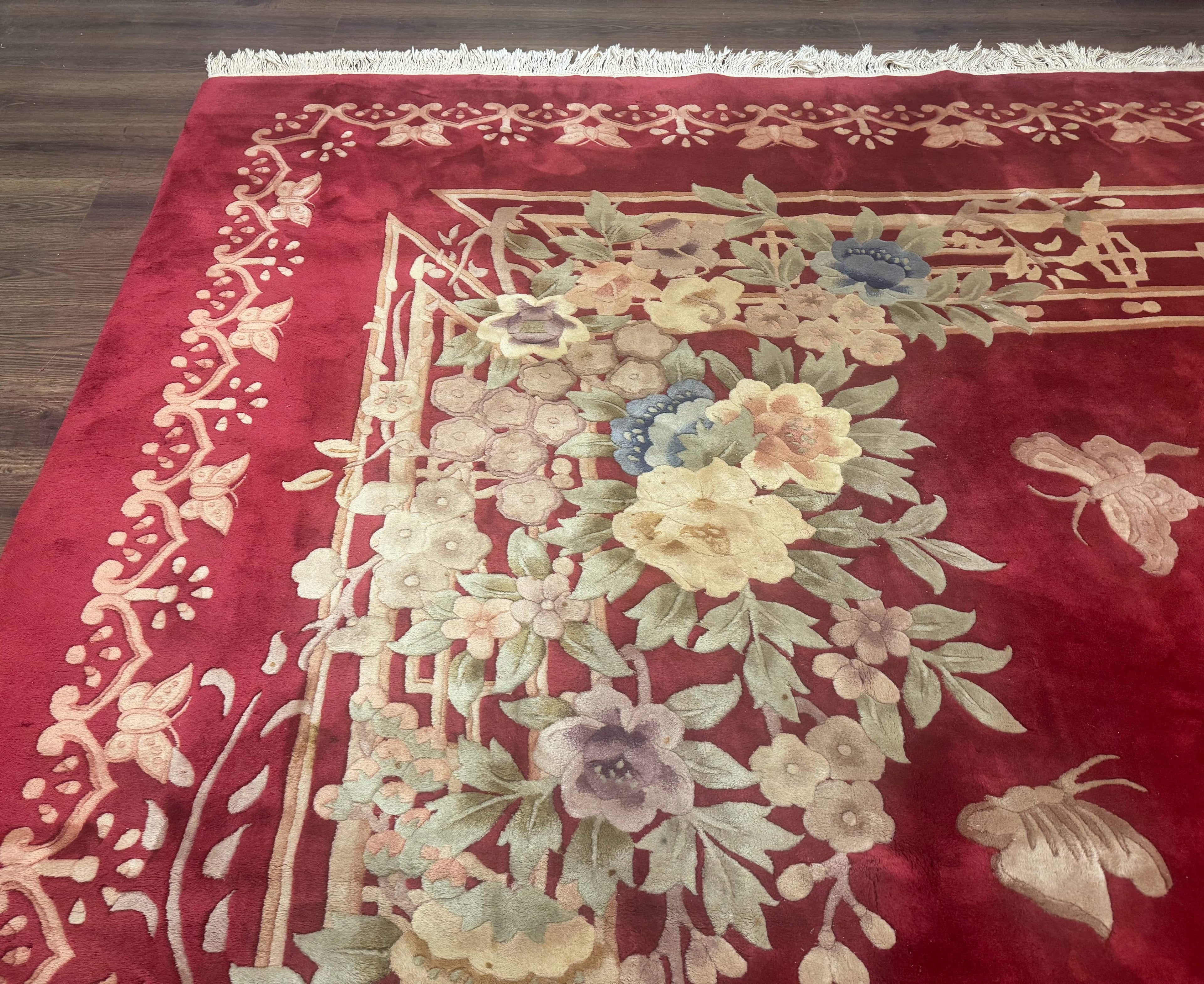 Palace Size Chinese Wool Rug 12x18, Red Art Deco Chinese Carving Carpet, Butterflies Flowers