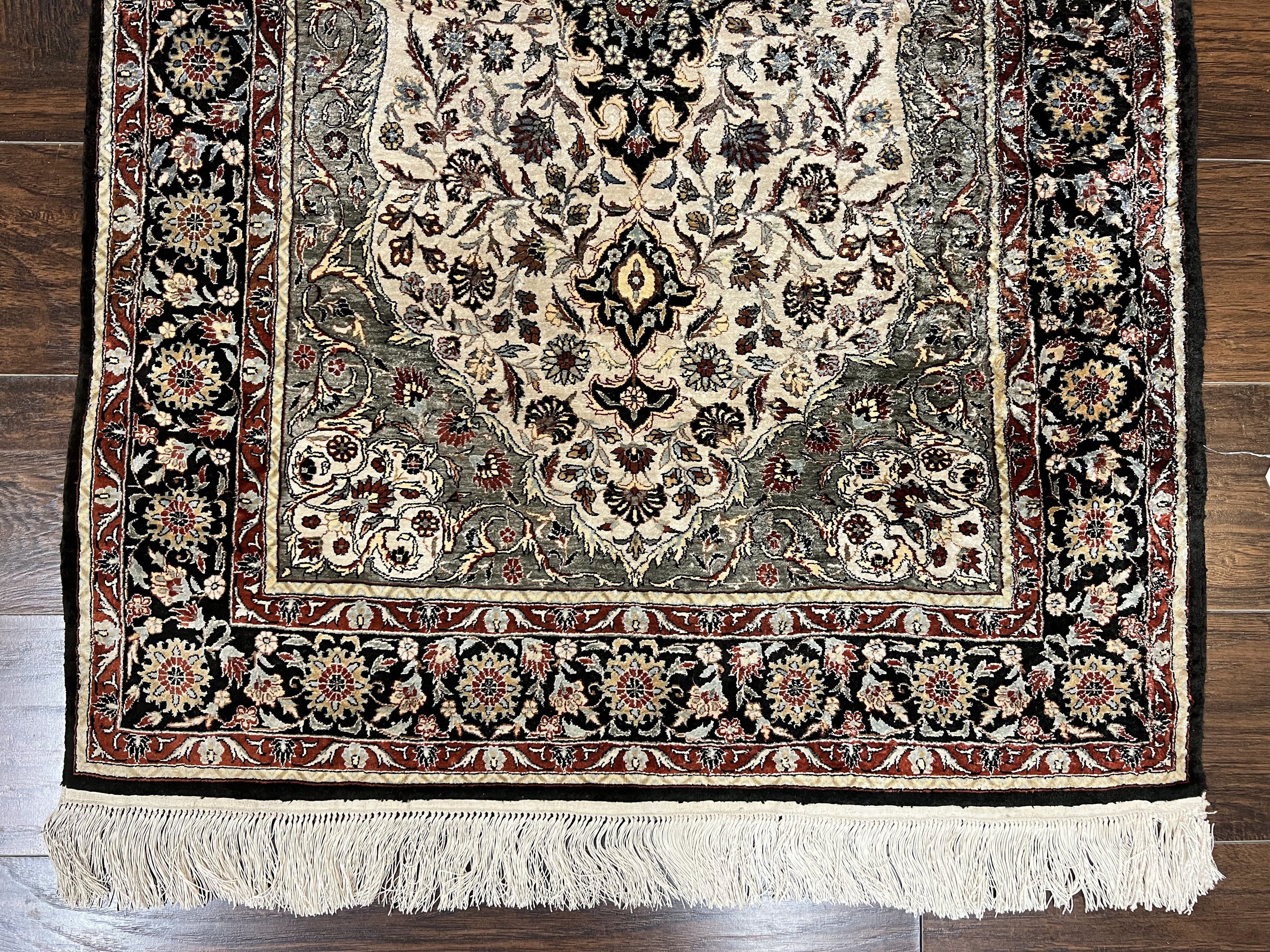 Silk Sino Persian Rug 3x5, Floral Medallion, Hand Knotted Silk Pile Silk Foundation, Traditional Silk Handmade Oriental Carpet, Cream Black
