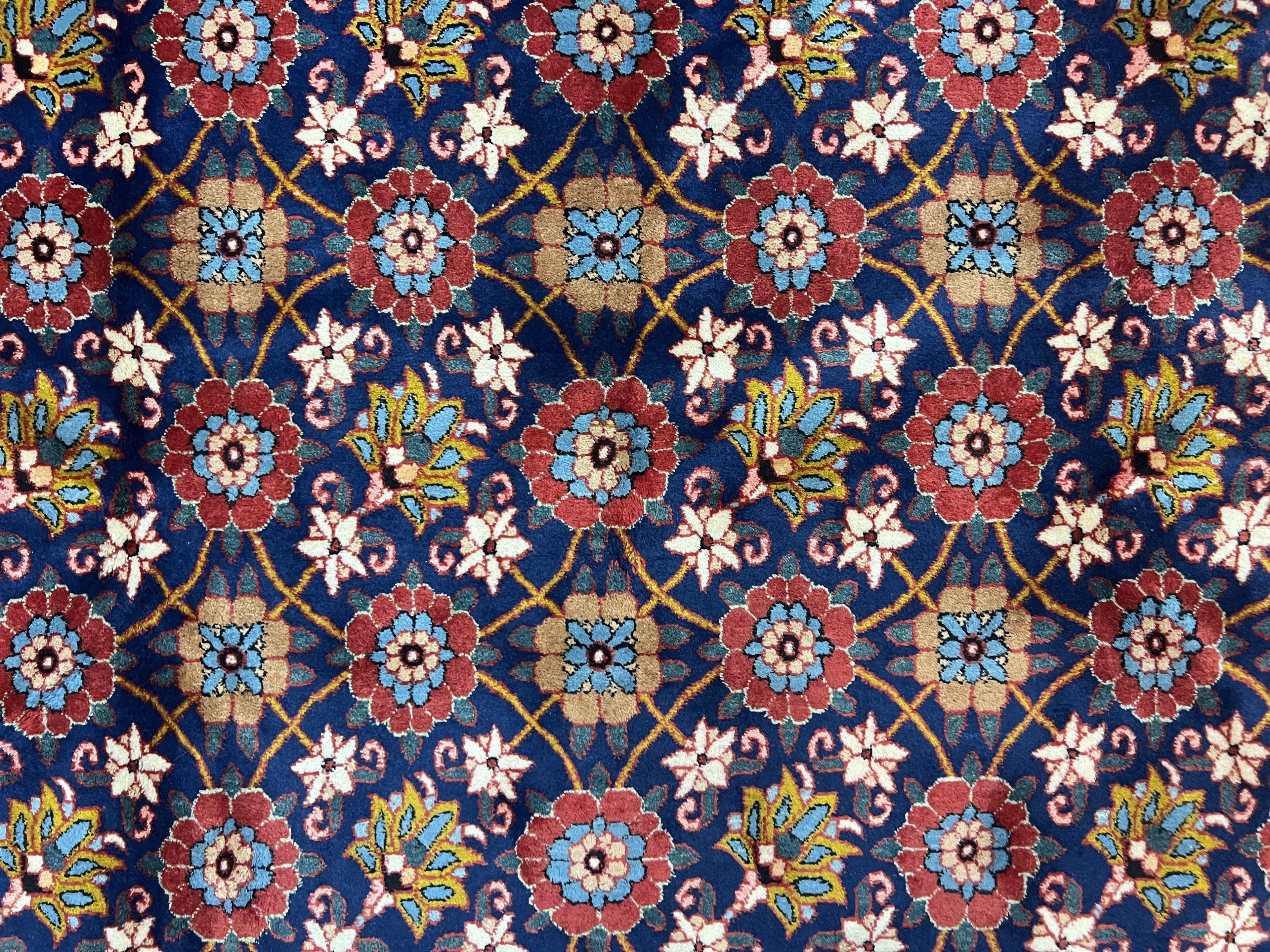 Persian Veramin Rug 7x11, Repeated Allover Pattern, Handmade Vintage Carpet, Navy Blue