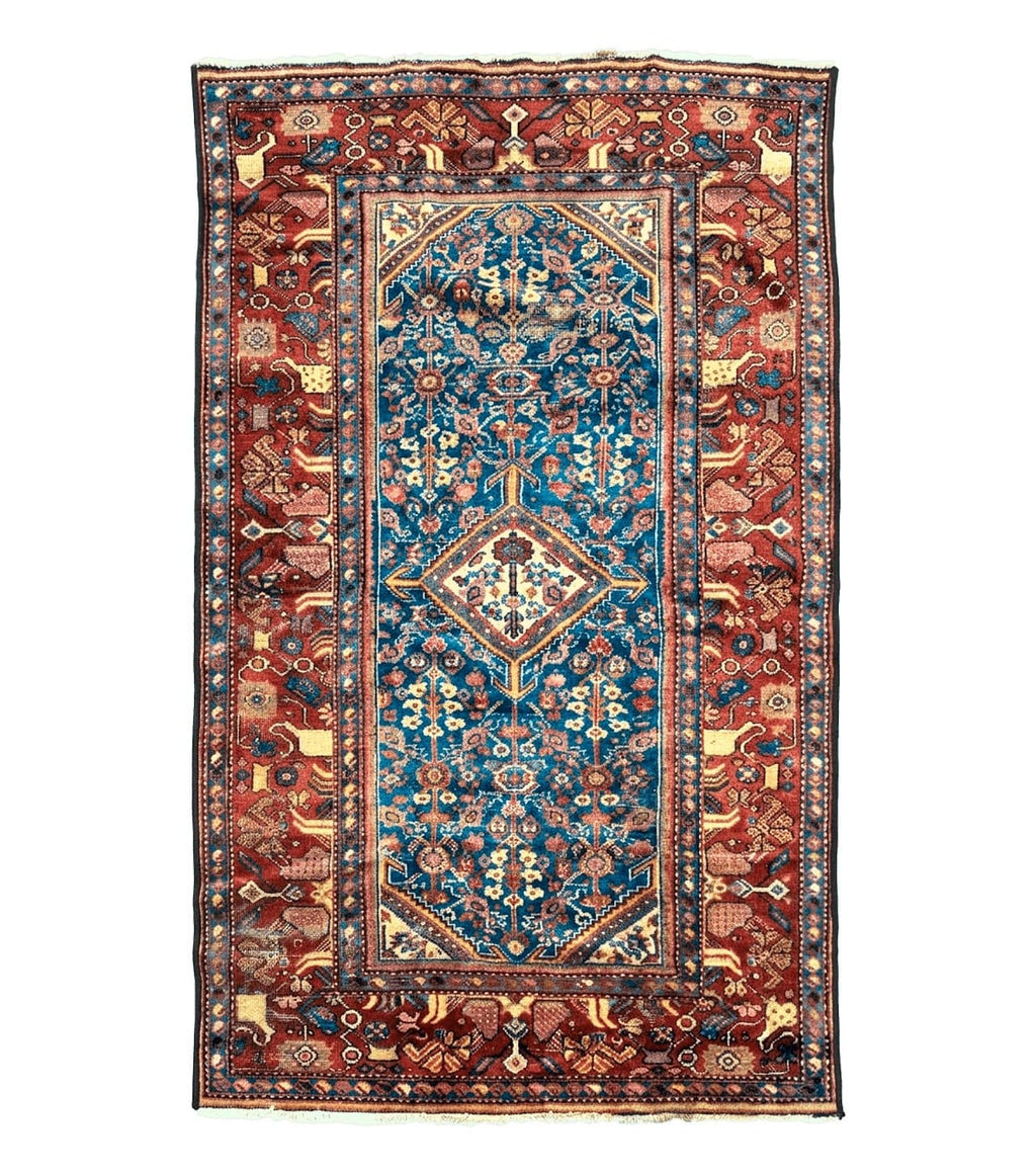 Antique Persian Rug 4x7, Blue and Red Malayer Carpet, Rare