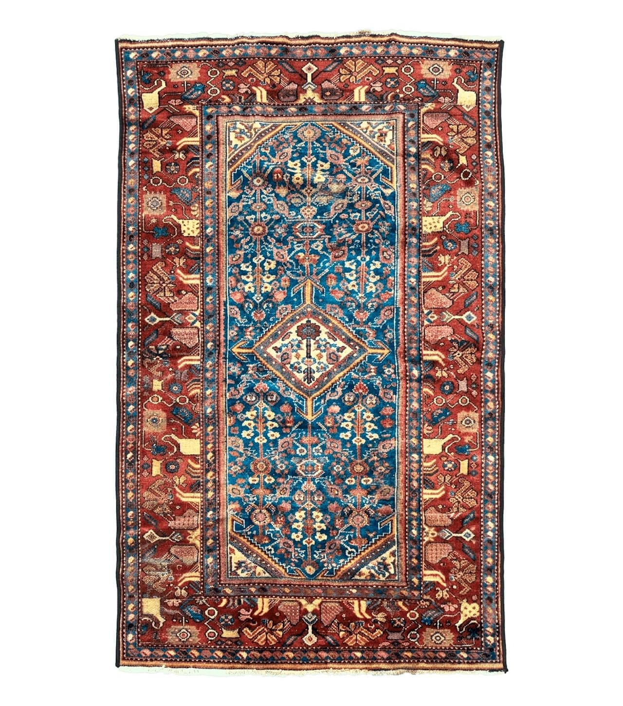 Antique Persian Rug 4x7, Blue and Red Malayer Carpet, Rare