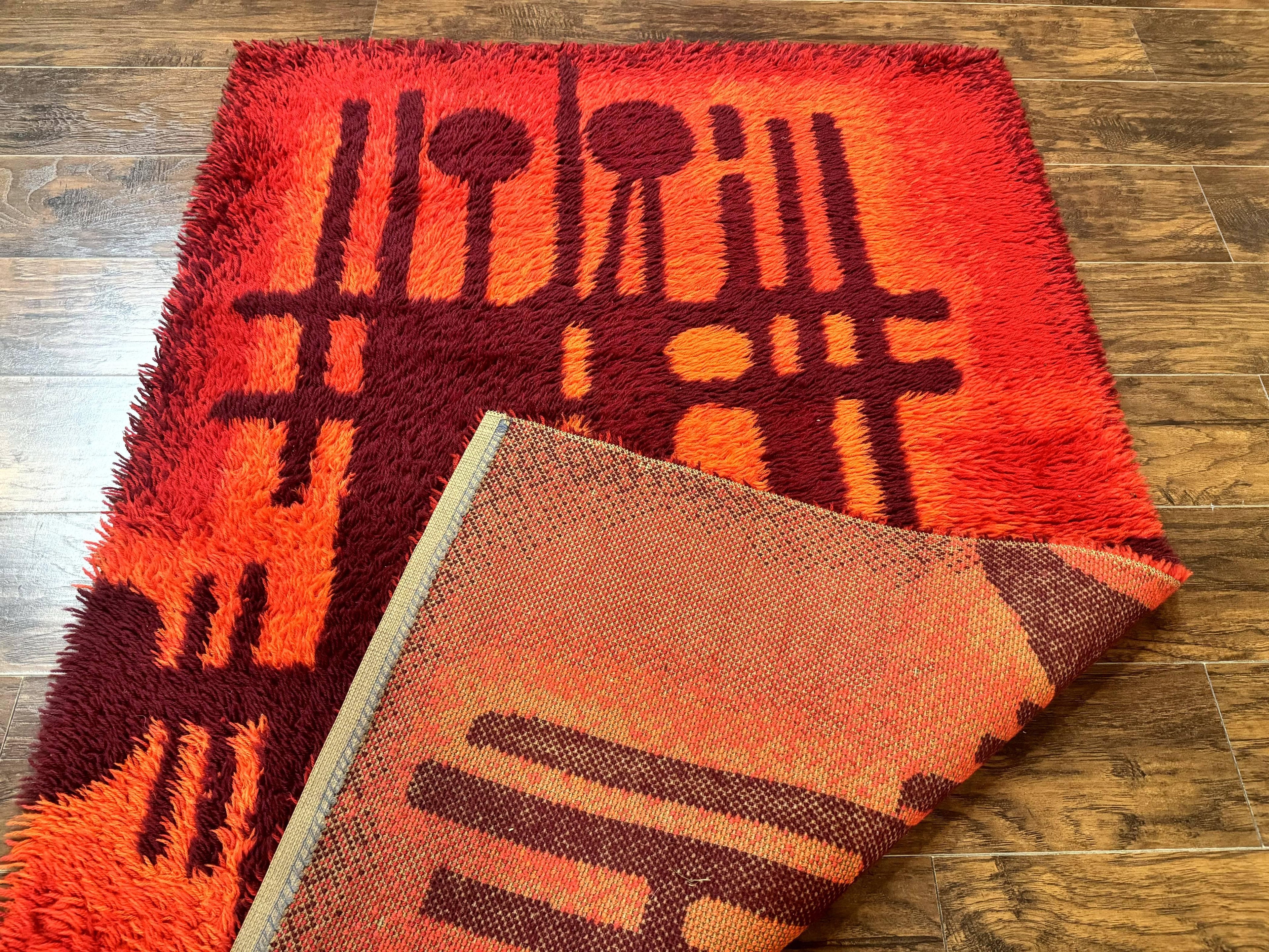 Danish Rya Shag Rug 4x6, Red Vintage Mid Century Retro Abstract Shag Rug
