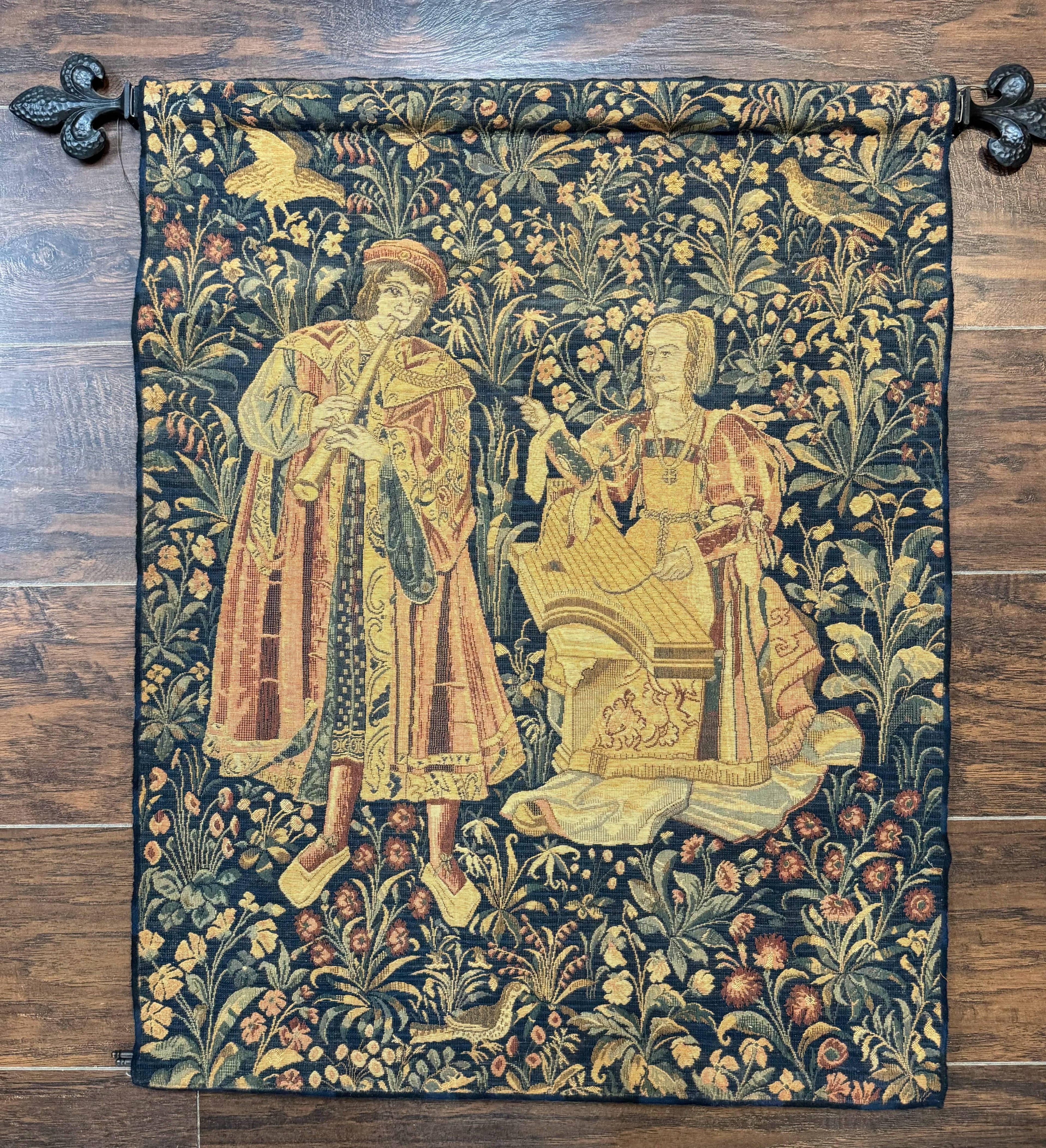 Vintage Belgium Tapestry 2x3 with Red, European Design, Flemish Tapestry