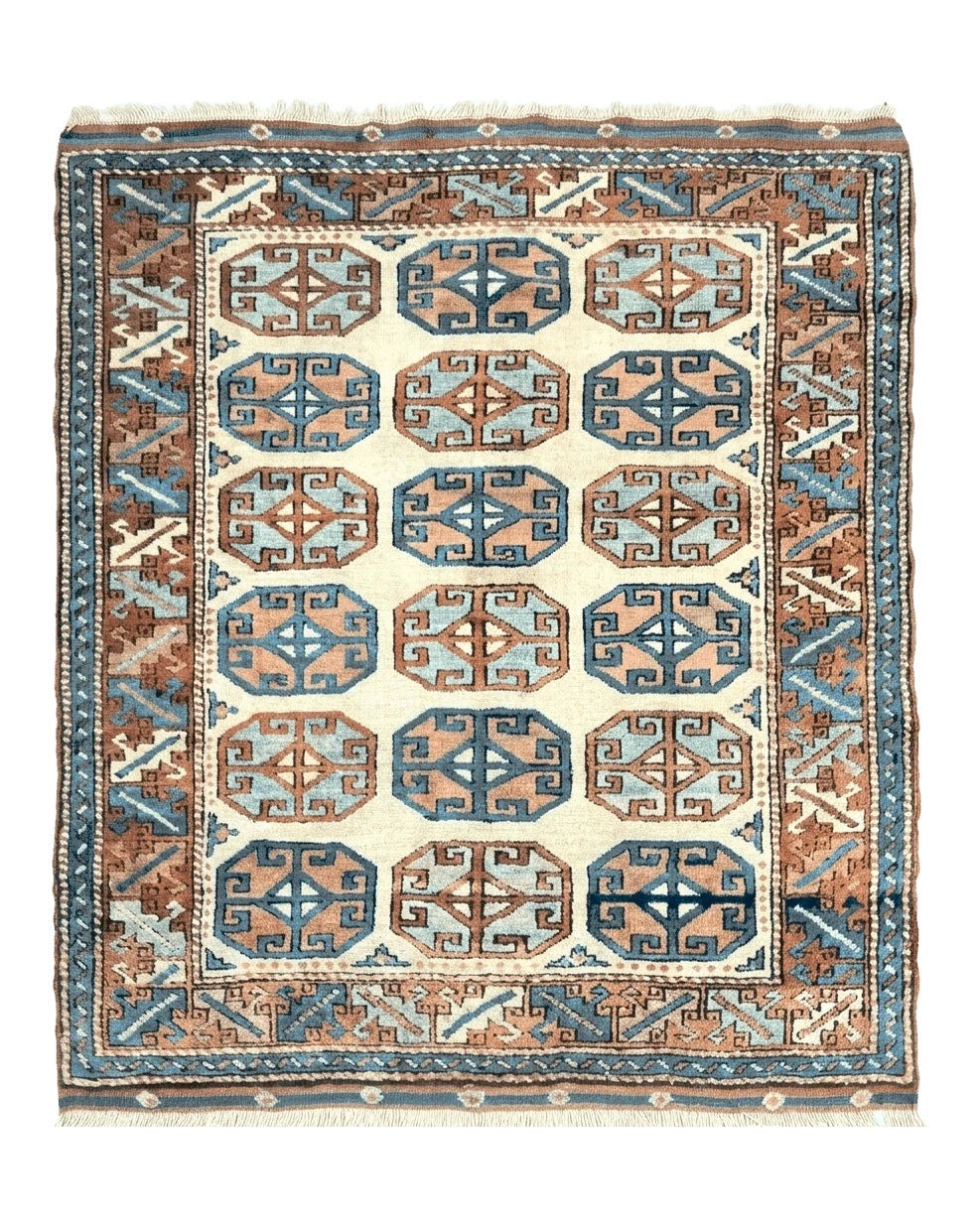 Turkish Kazak Rug 3x4, Wool Hand Knotted Handmade Vintage Carpet, Geometric Tribal Repeated Motif, Small 3 x 4 Antique Rug, Cream Red