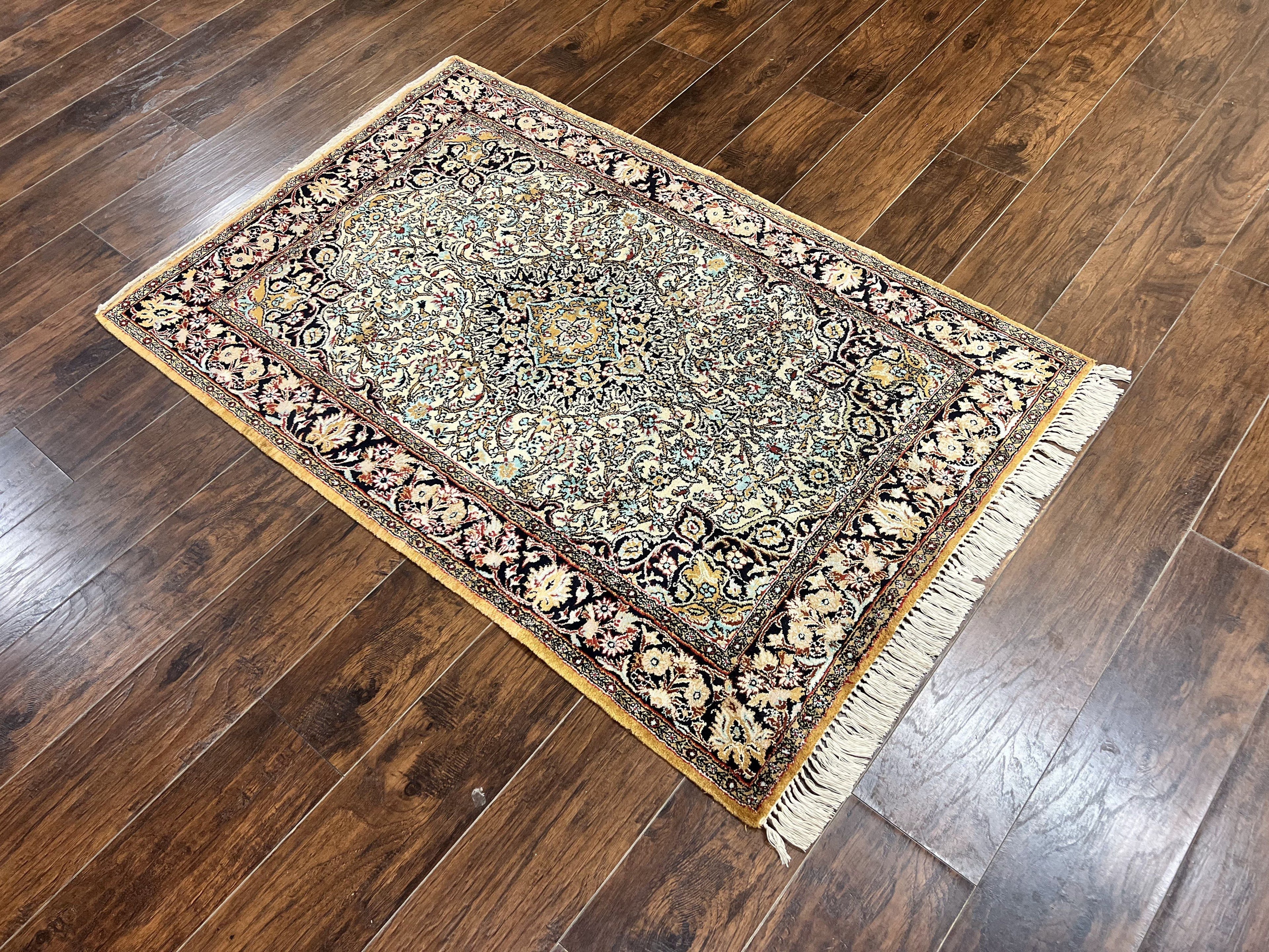 Silk Persian Qum Rug 4x5, Hand Knotted Vintage Carpet, Cream & Navy Blue, Silk Pile on Silk Foundation, Very Fine 360 KPSI
