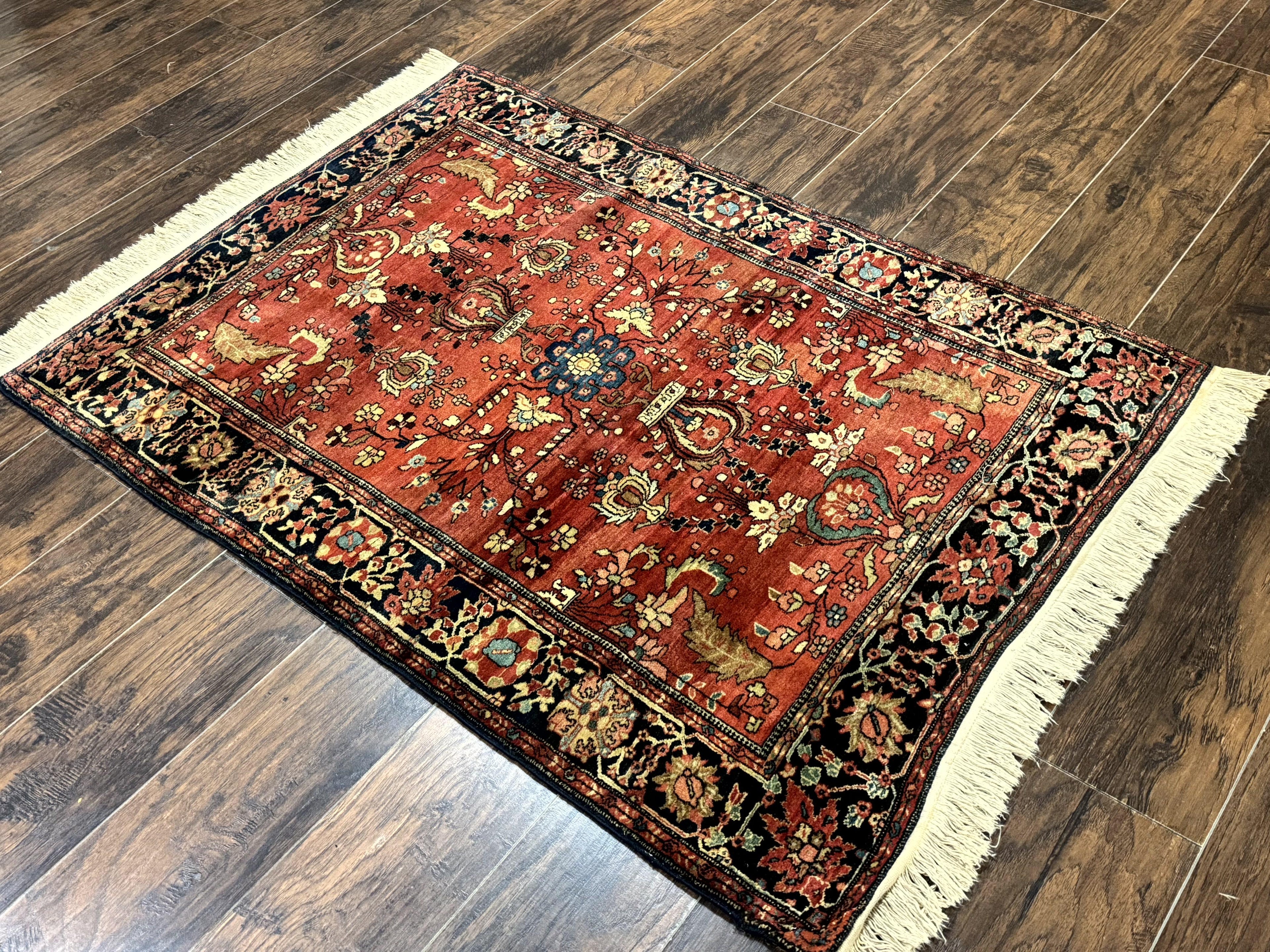 Antique Persian Farahan Sarouk Rug 3.6 x 5, Red, Floral, Traditional Rug, Fine 210 KPSI