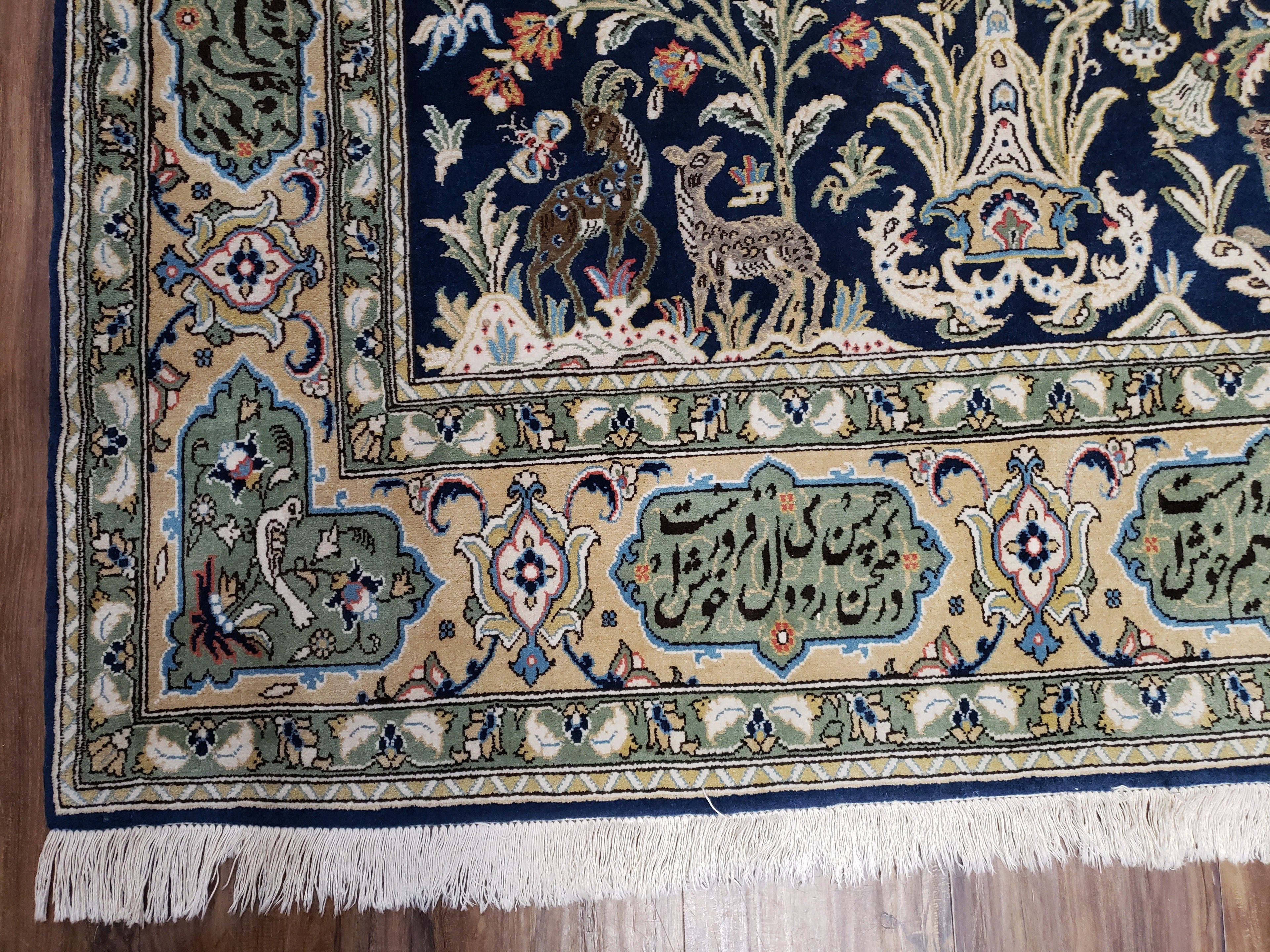 Semi Antique Persian Qum Tree of Life Rug, Hand-Knotted, Wool, Midnight Blue and Tan, Animal Pictorials, Written Poem in Borders, 4' 8" x 7' 8"