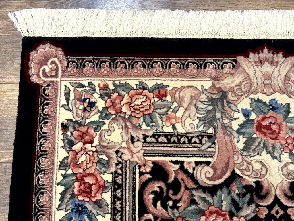 Aubusson Rug 4x6, Elegant European Floral Design, Black and Ivory, Fine 200 KPSI