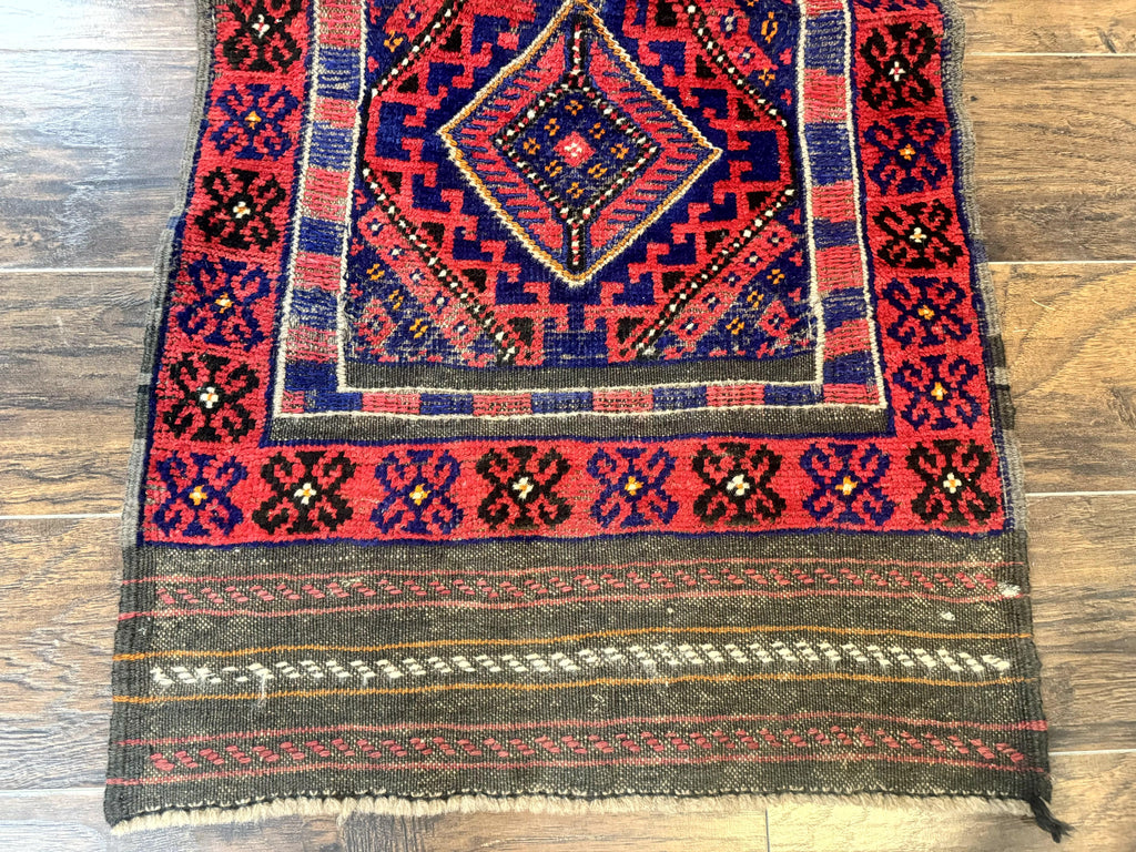 Turkoman Runner Rug 2 x 8.6, Skinny Runner, Handmade Wool Carpet for Hallway, Red and Blue, Wool, Vintage 8ft Runner