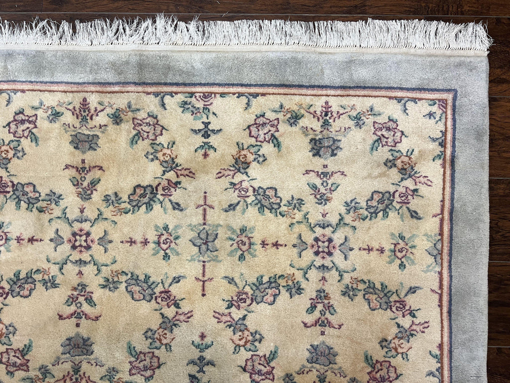 Sino Persian Rug 8x10, Floral, Oatmeal and Light Teal, Handmade Wool Vintage Carpet
