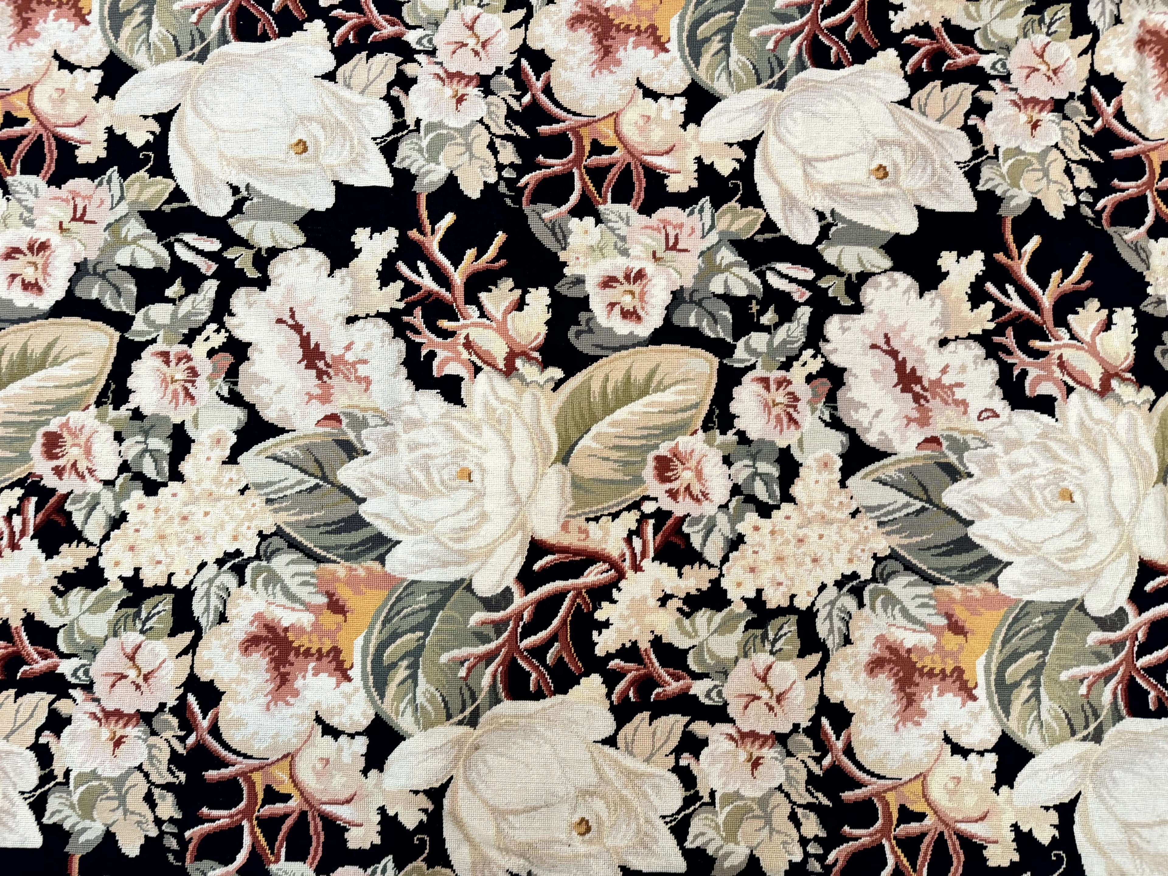 Palace Size Needlepoint Rug 13x17, Extra Large Wool Floral Handmade Carpet, European Design, Botanical