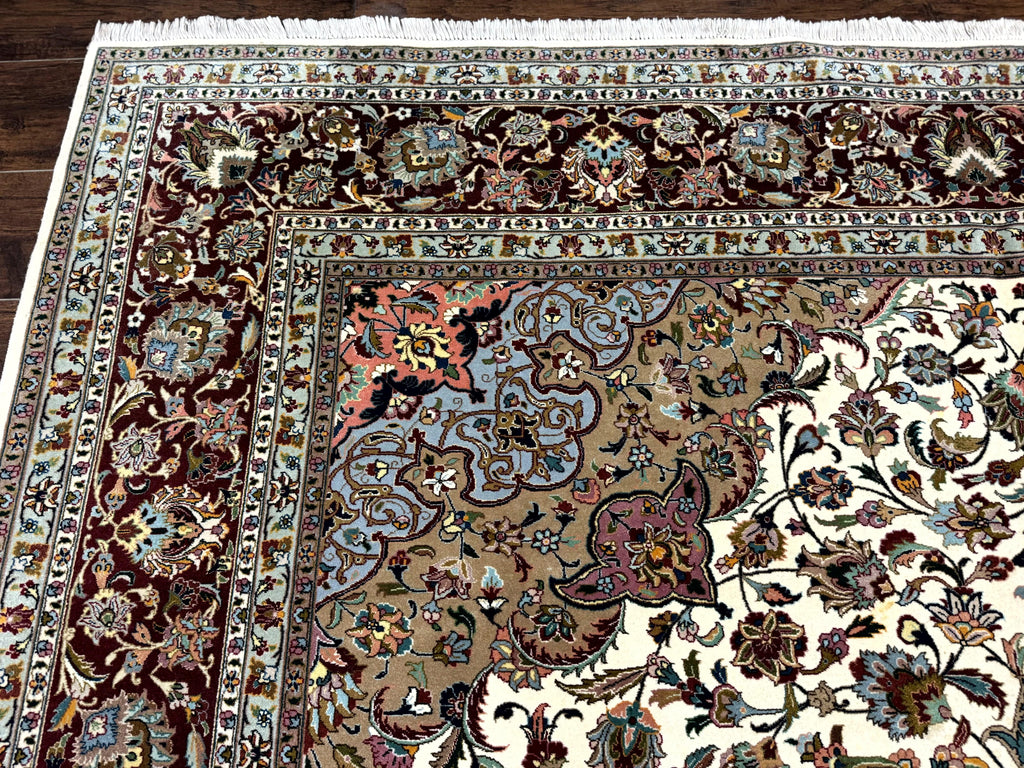 Persian Tabriz Rug 8x11, Floral Medallion Traditional Area Rug, Fine 300 KPSI, Ivory Maroon