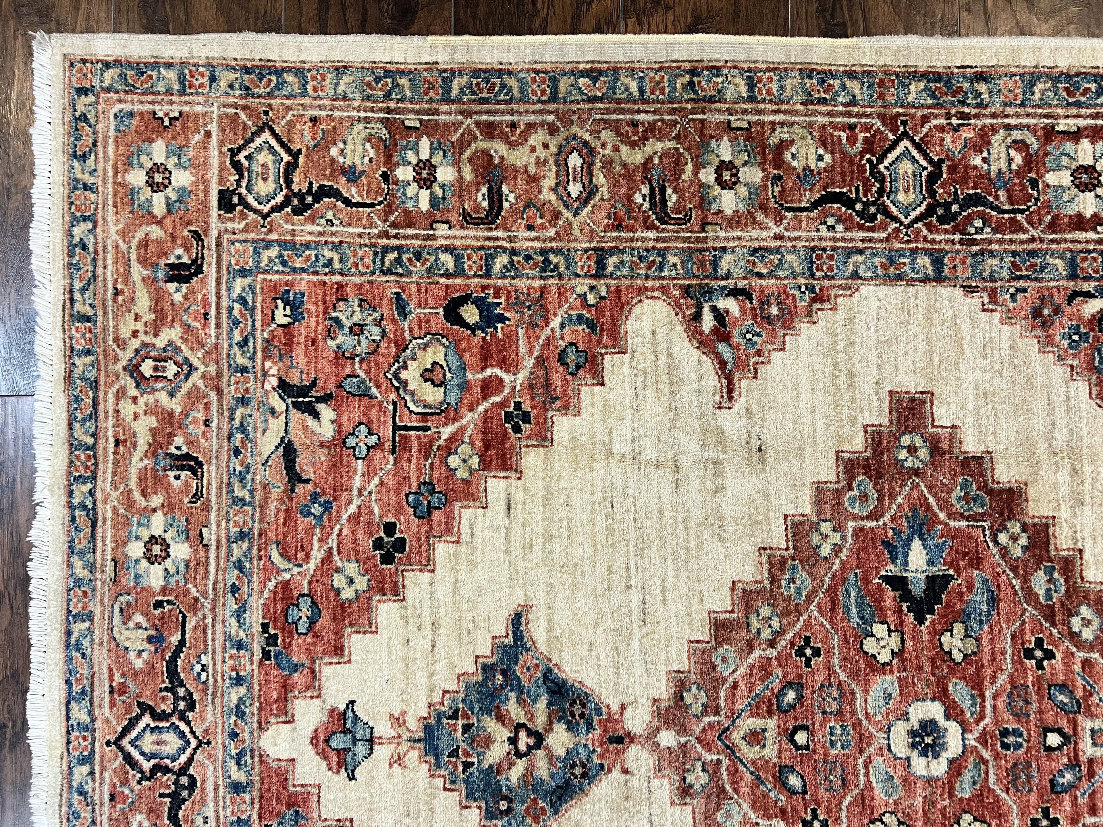 Peshawar Rug 5x7, Wool Hand Knotted Handmade Vintage Carpet, Serapi Design, Pakistani Rug 5 x 7 ft, Medium Sized, Geometric Rug