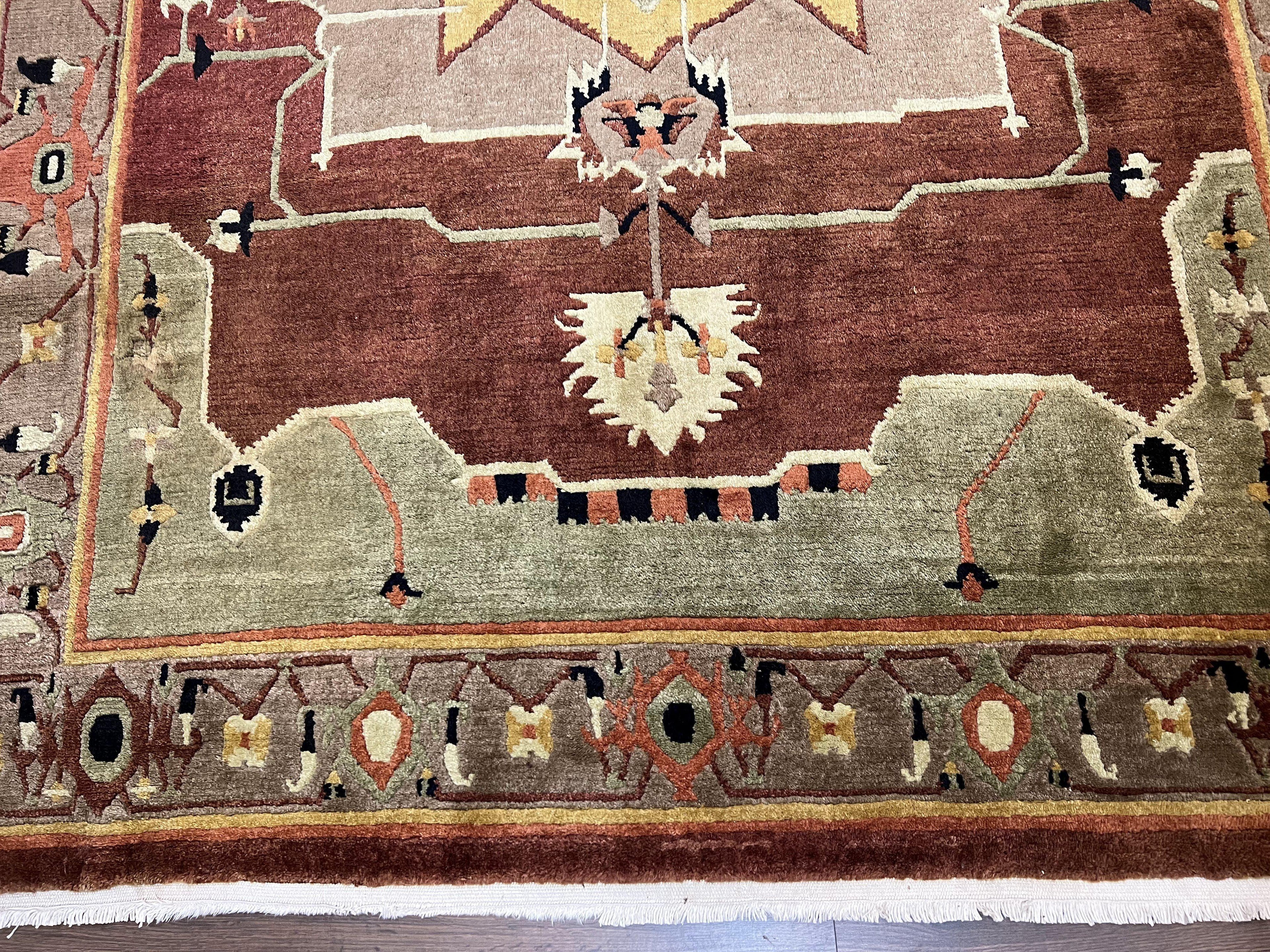 Tibetan Rug 7x10, Geometric Medallion, Red Green Taupe, Hand Knotted, Soft Wool Area Rug, Contemporary Carpet, Handmade Nepali Rug 7 x 10 ft
