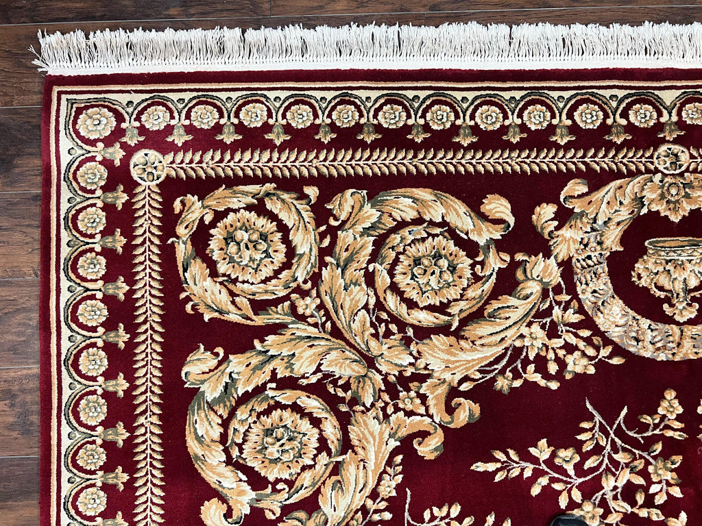 Aubusson Rug 9x12, Wool Handmade Carpet, Elegant French European Design, Dark Maroon Red, 9 x 12 Room Sized Rug, Finely Hand Knotted