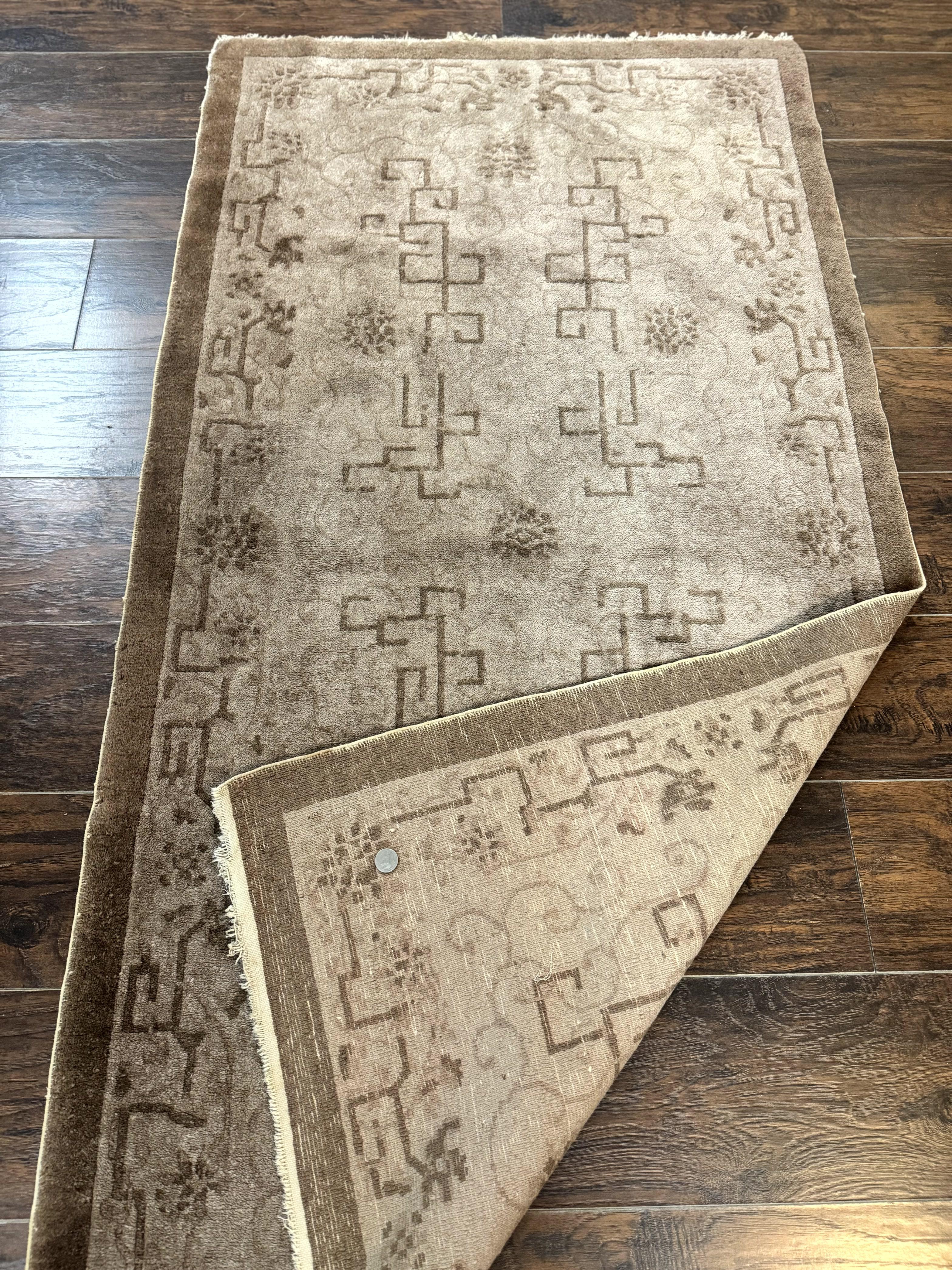 Antique Chinese Fette Rug 3x6, Taupe, Handmade Wool Chinese Carpet