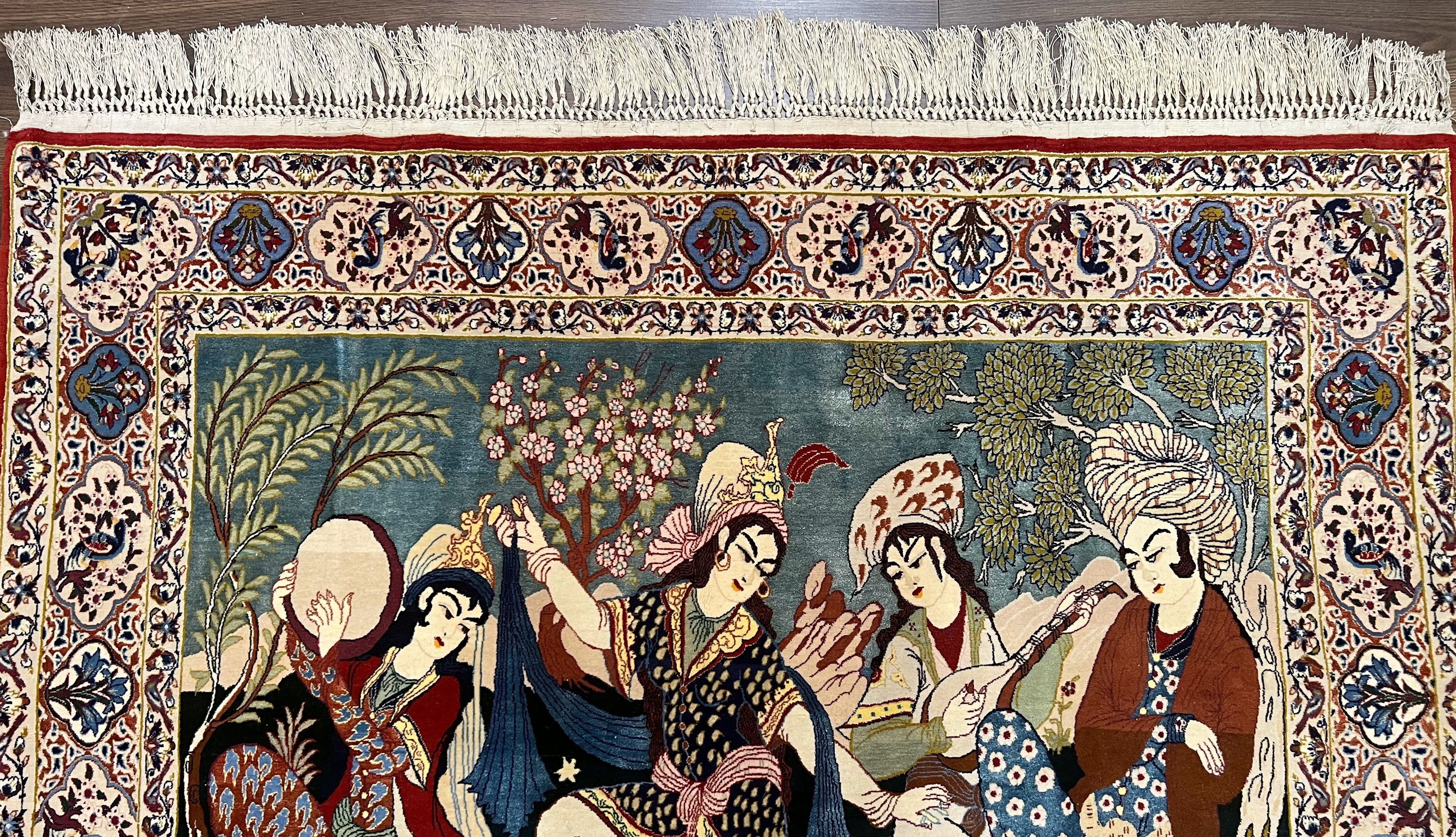 Persian Pictorial Rug 5 x 4 ft, Persian Isfahan Rug, Kork Wool on Silk Foundation, Signature from Master Weaver, Drums and Musical Instruments, Birds, Detailed