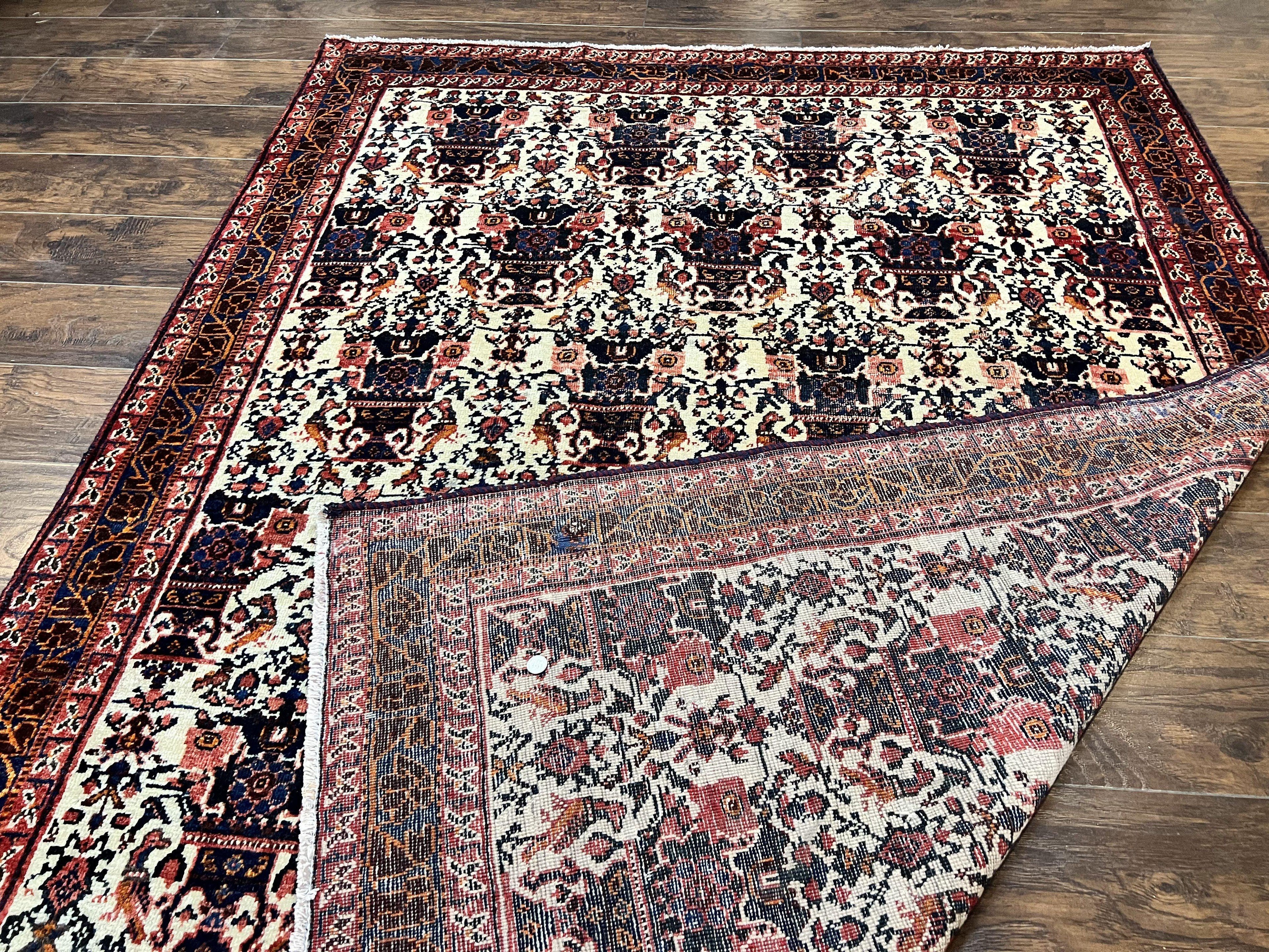 Persian Afshar Rug 6x8, Wool Hand Knotted Semi Antique Vintage Carpet, Floral Allover, Repeated Birds Flowers Vases Motifs