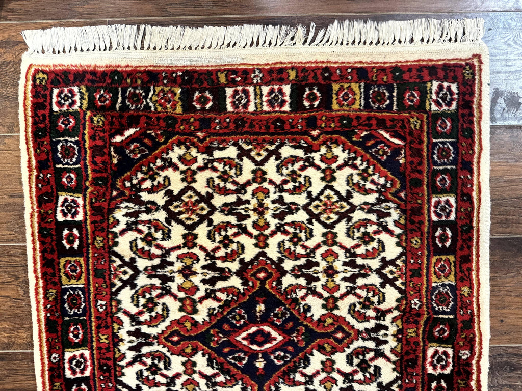 Indo Persian Bidjar Runner Rug 2.8 x 10, Vintage Rug for Hallway, 10ft Runner, Wool Handmade Ivory and Red, Medallions