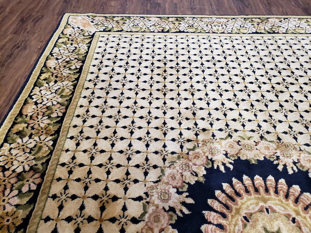 Indian Rug with Tibetan Weave, 6x8 - 6x9 Rugs, Indo-Tibetan Rug, Black and Cream Beige Tan, Floral Border, Soft Rug, Handmade Area Rug, Wool