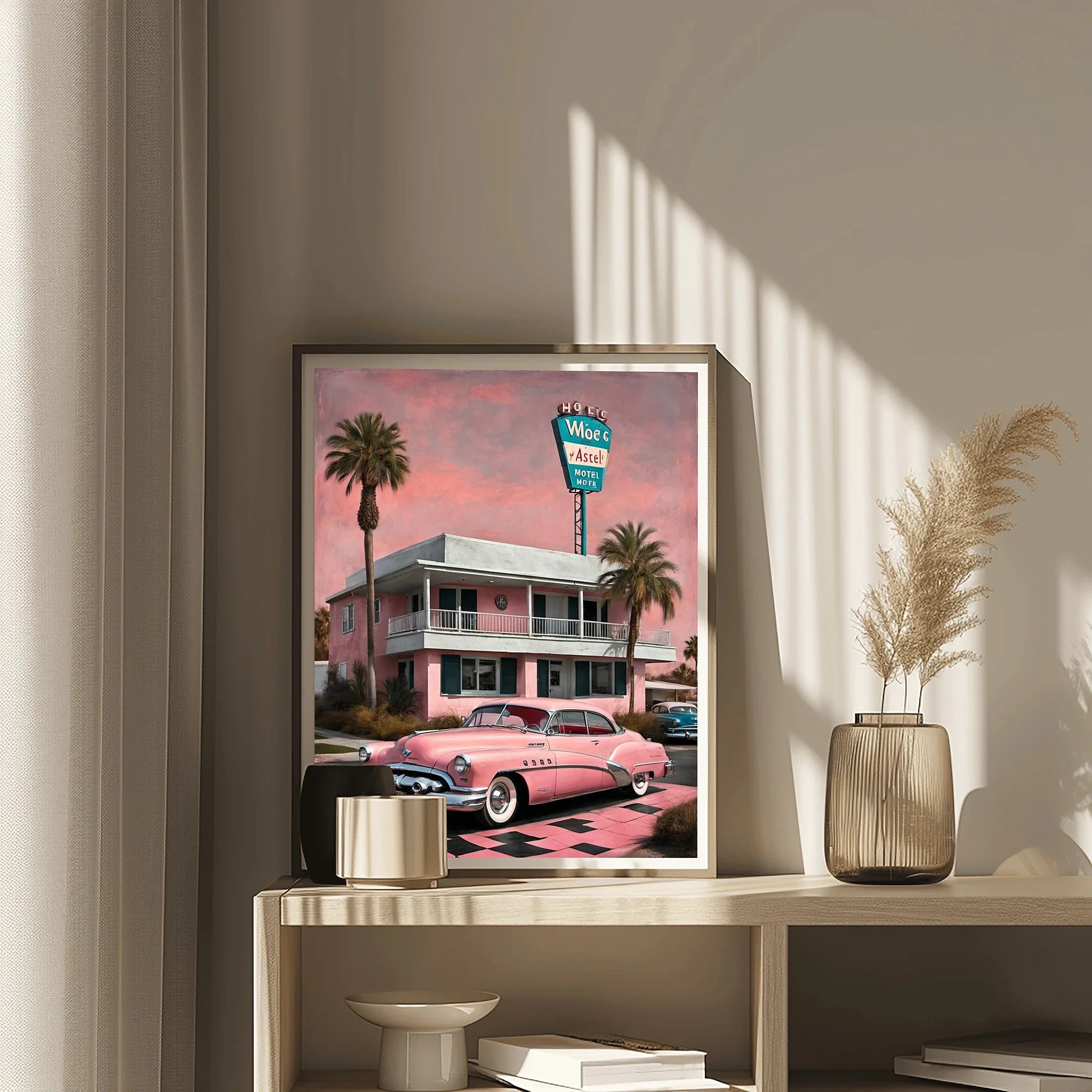1950 American Riviera Pink Motel Wall Art | Mid-Century Retro Travel Decor