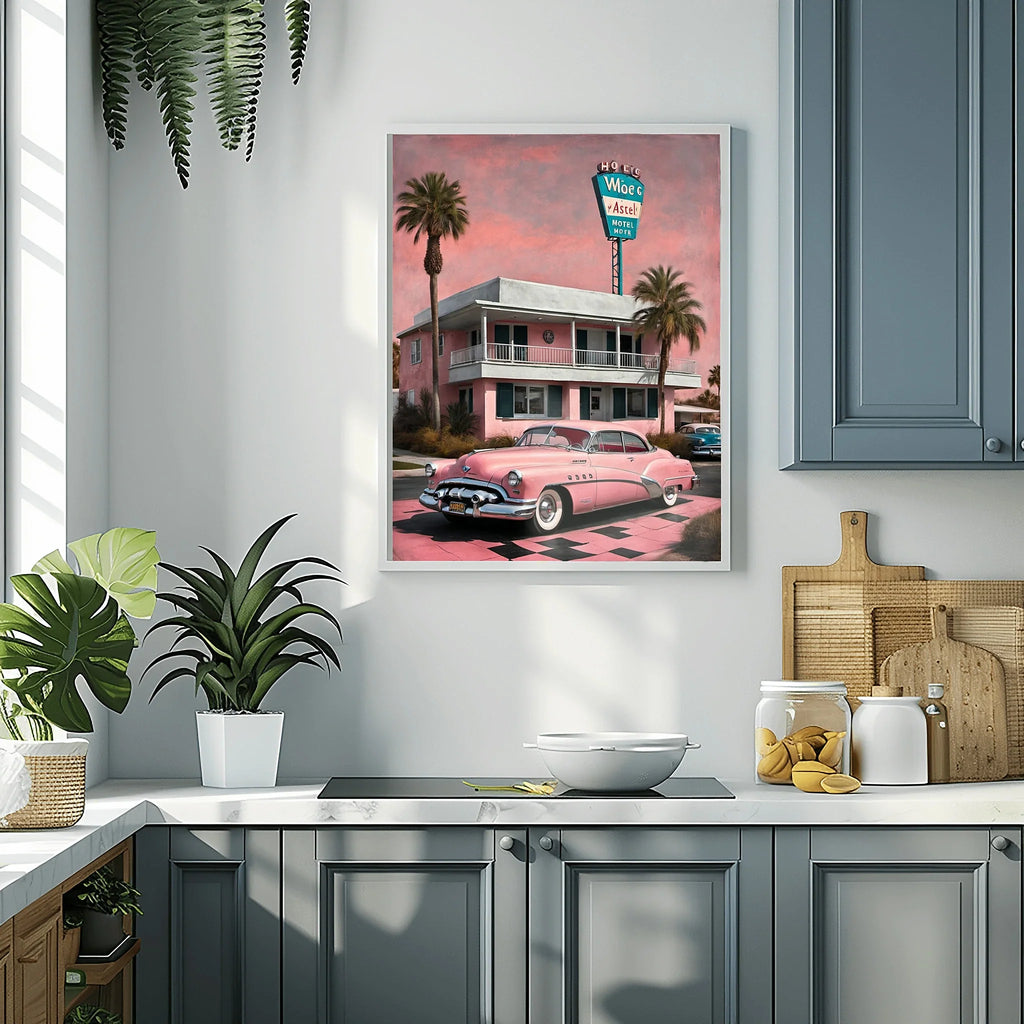 1950 American Riviera Pink Motel Wall Art | Mid-Century Retro Travel Decor