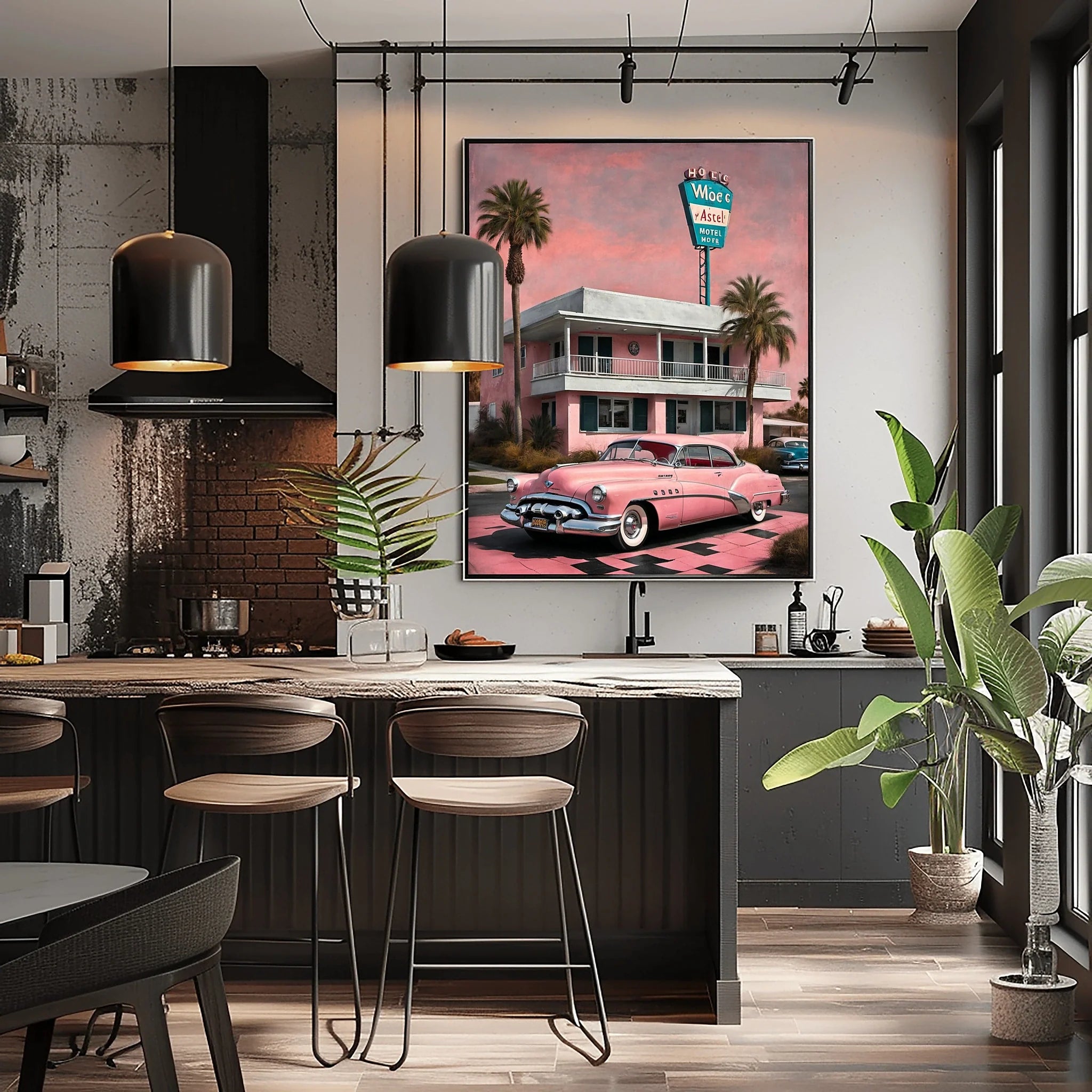 1950 American Riviera Pink Motel Wall Art | Mid-Century Retro Travel Decor