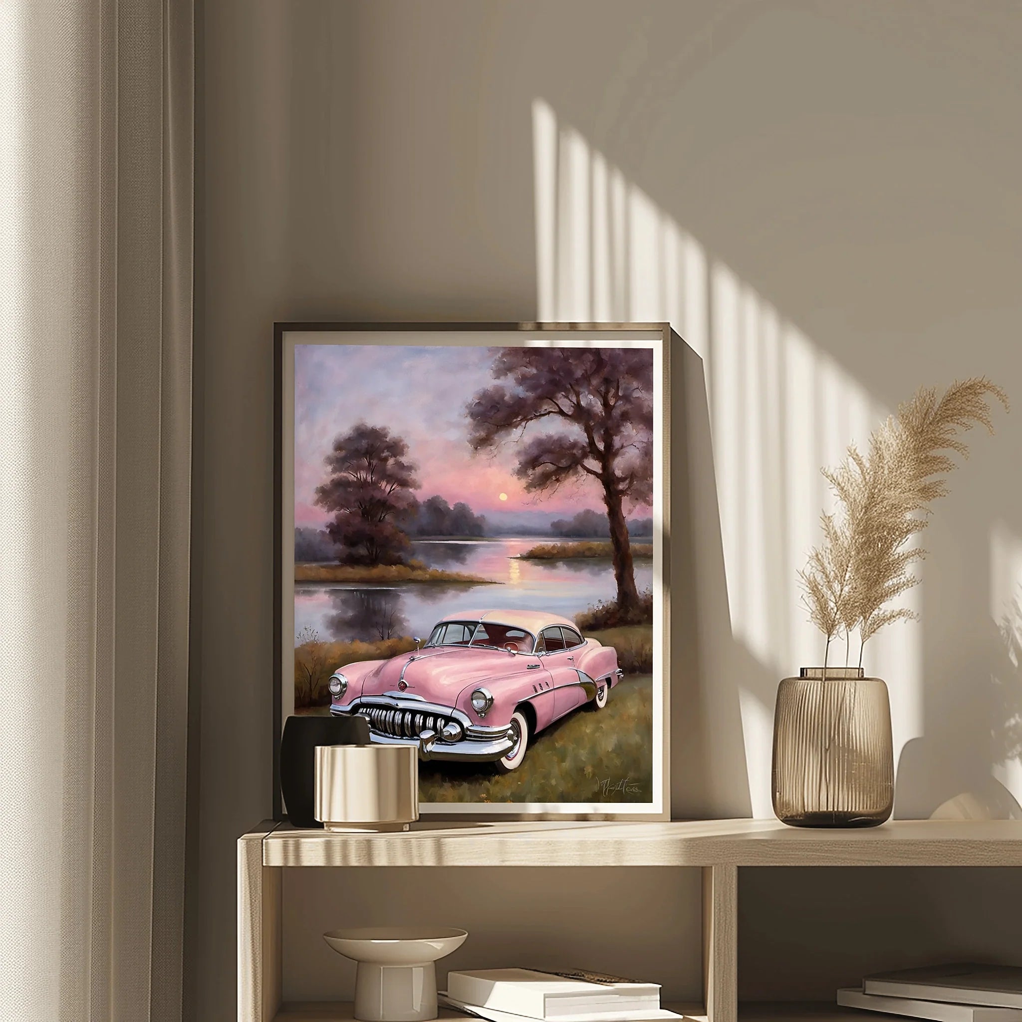 1950 American Riviera Pink Classic Car Lakeside Sunset | Retro Dream Print