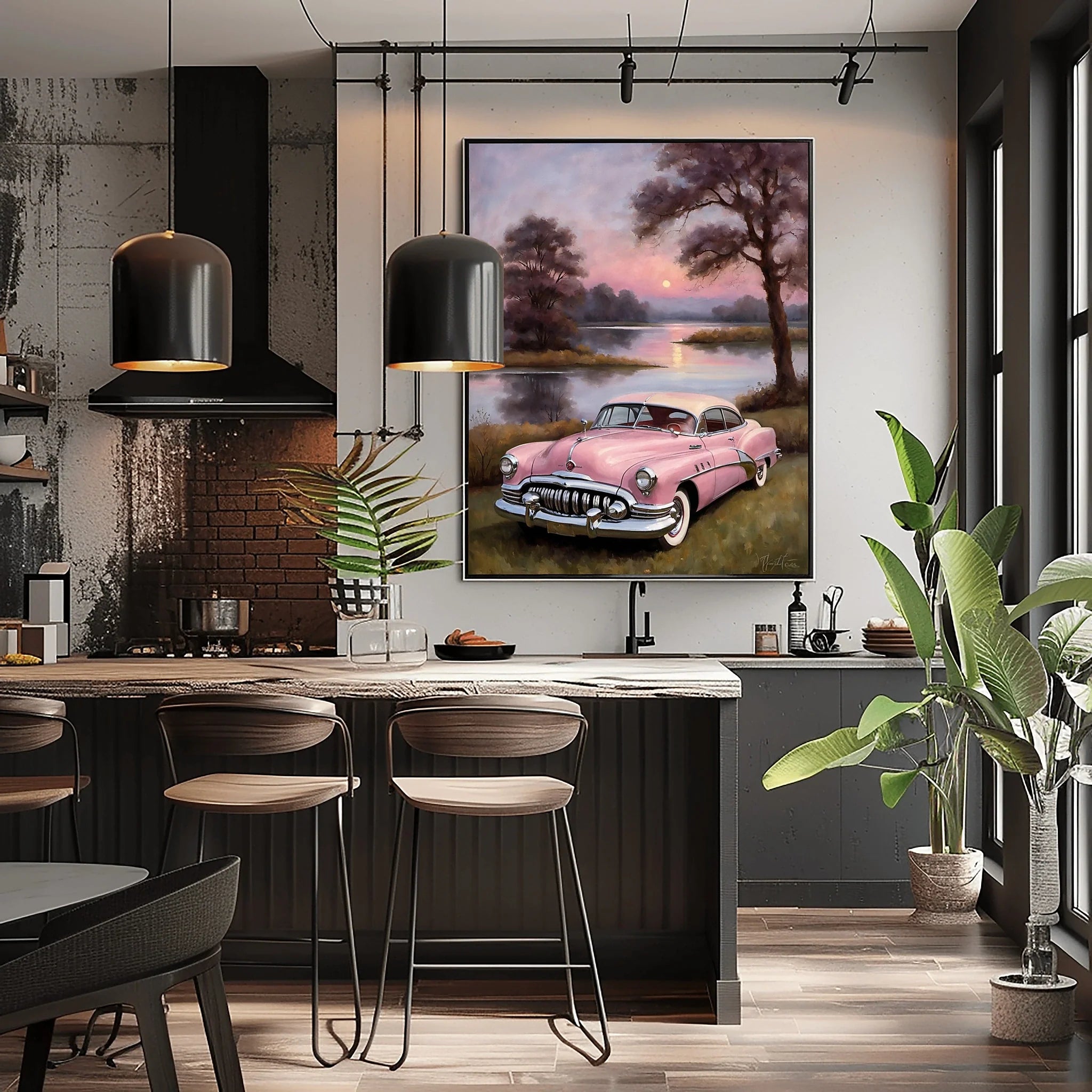 1950 American Riviera Pink Classic Car Lakeside Sunset | Retro Dream Print