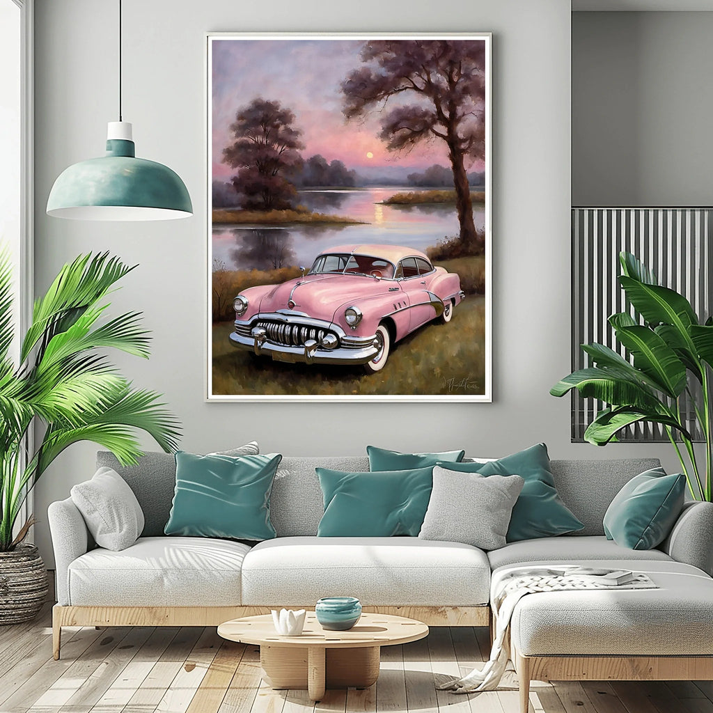 1950 American Riviera Pink Classic Car Lakeside Sunset | Retro Dream Print