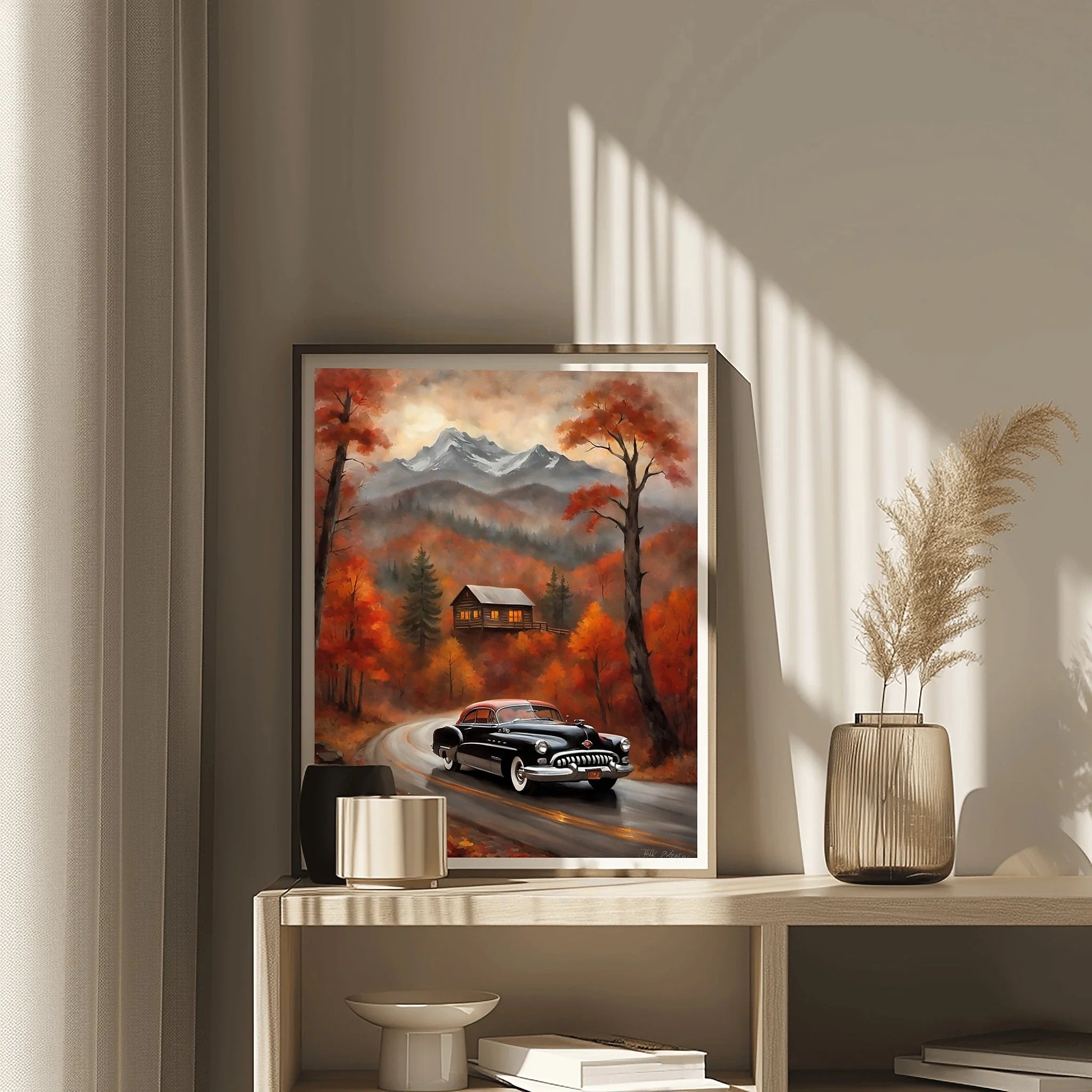 1950 American Riviera Mountain Road Trip Wall Art | Classic Car Autumn Landscape