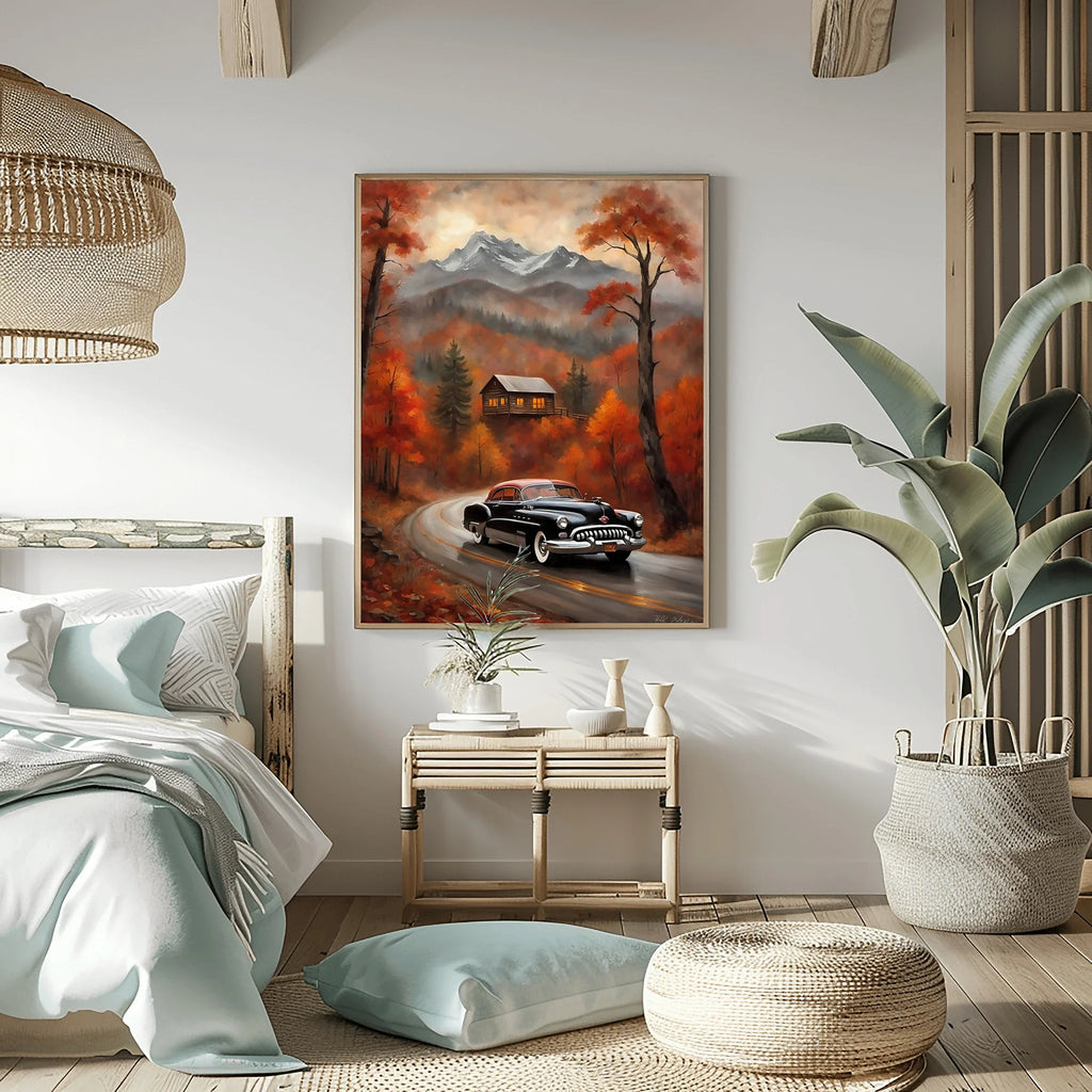 1950 American Riviera Mountain Road Trip Wall Art | Classic Car Autumn Landscape