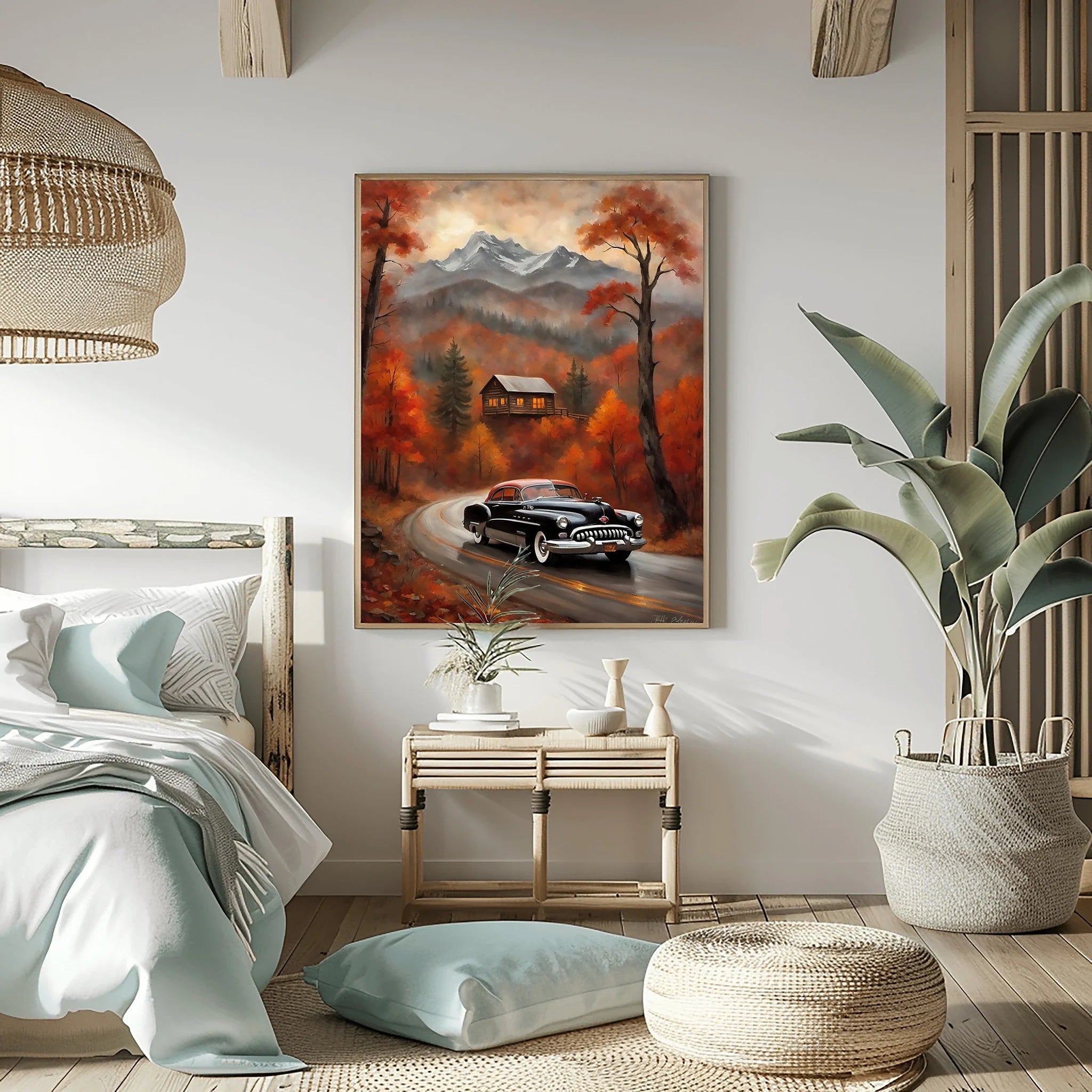 1950 American Riviera Mountain Road Trip Wall Art | Classic Car Autumn Landscape
