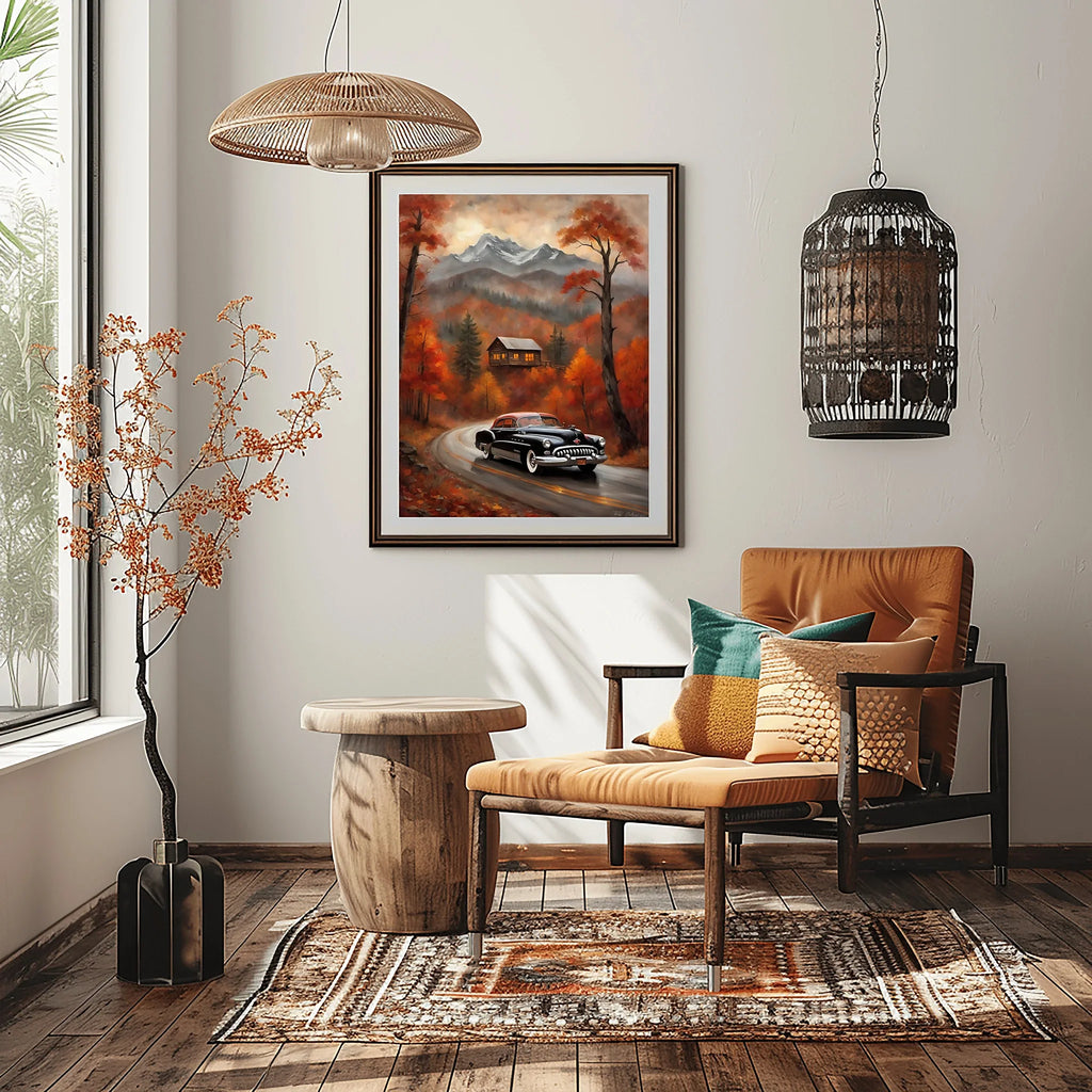 1950 American Riviera Mountain Road Trip Wall Art | Classic Car Autumn Landscape