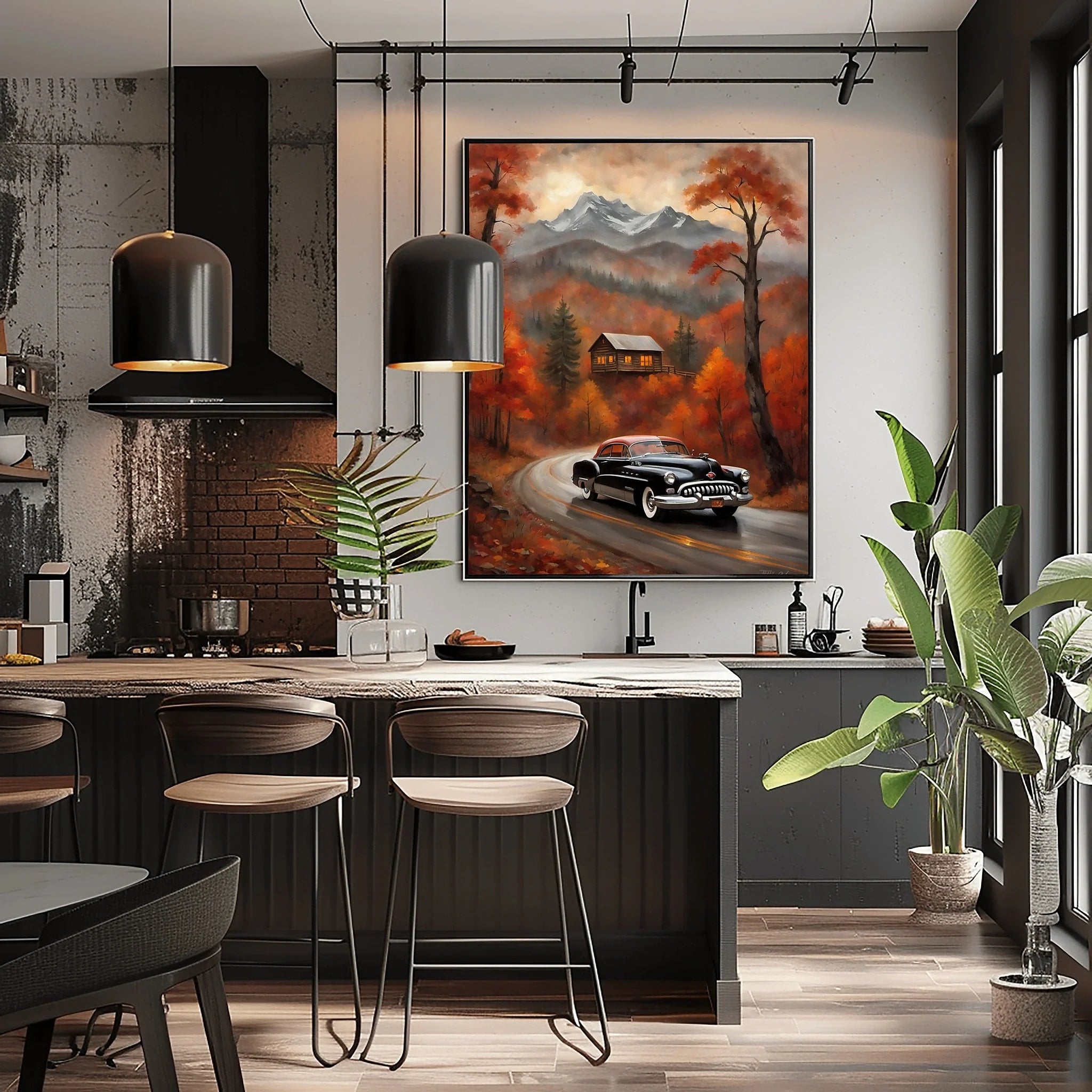 1950 American Riviera Mountain Road Trip Wall Art | Classic Car Autumn Landscape