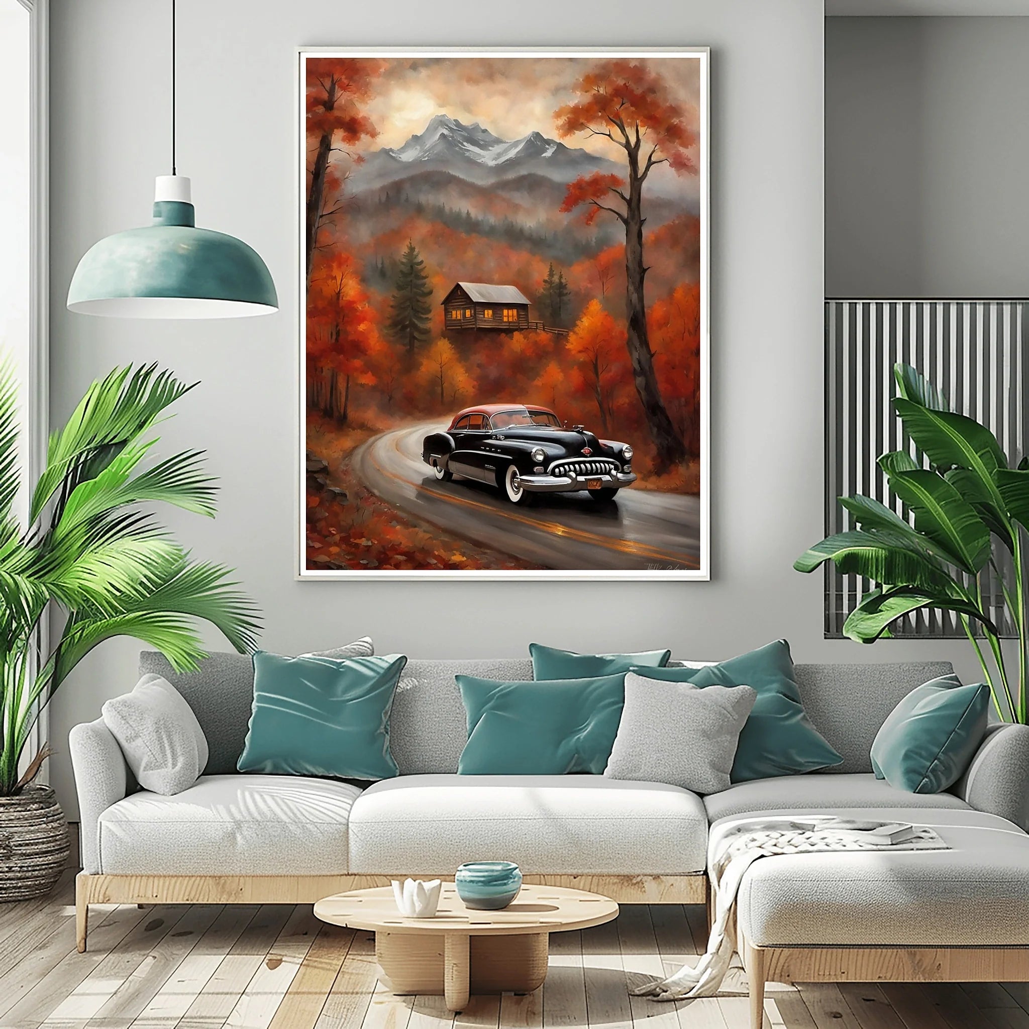 1950 American Riviera Mountain Road Trip Wall Art | Classic Car Autumn Landscape