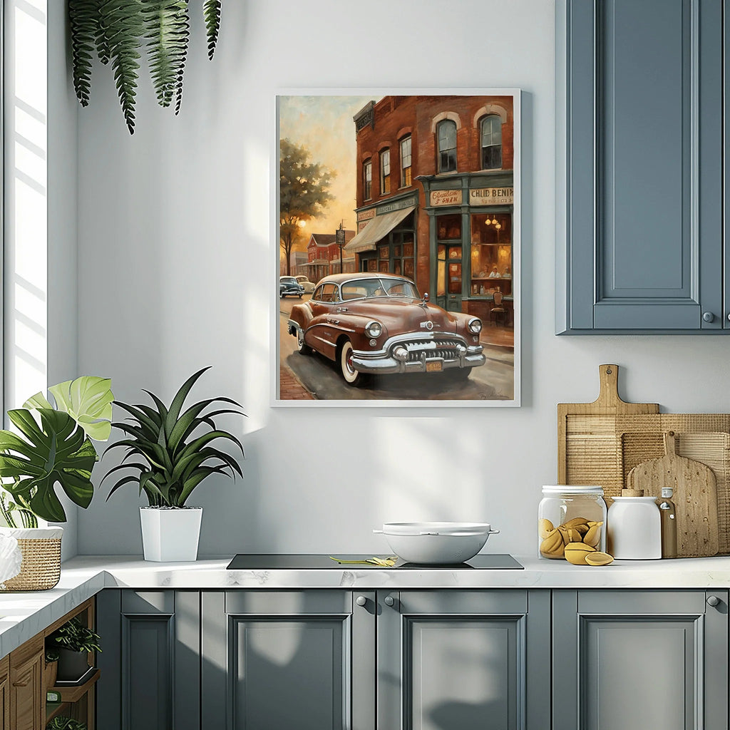 1950 American Riviera Downtown Street View Wall Art | Vintage Urban Classic Car Print